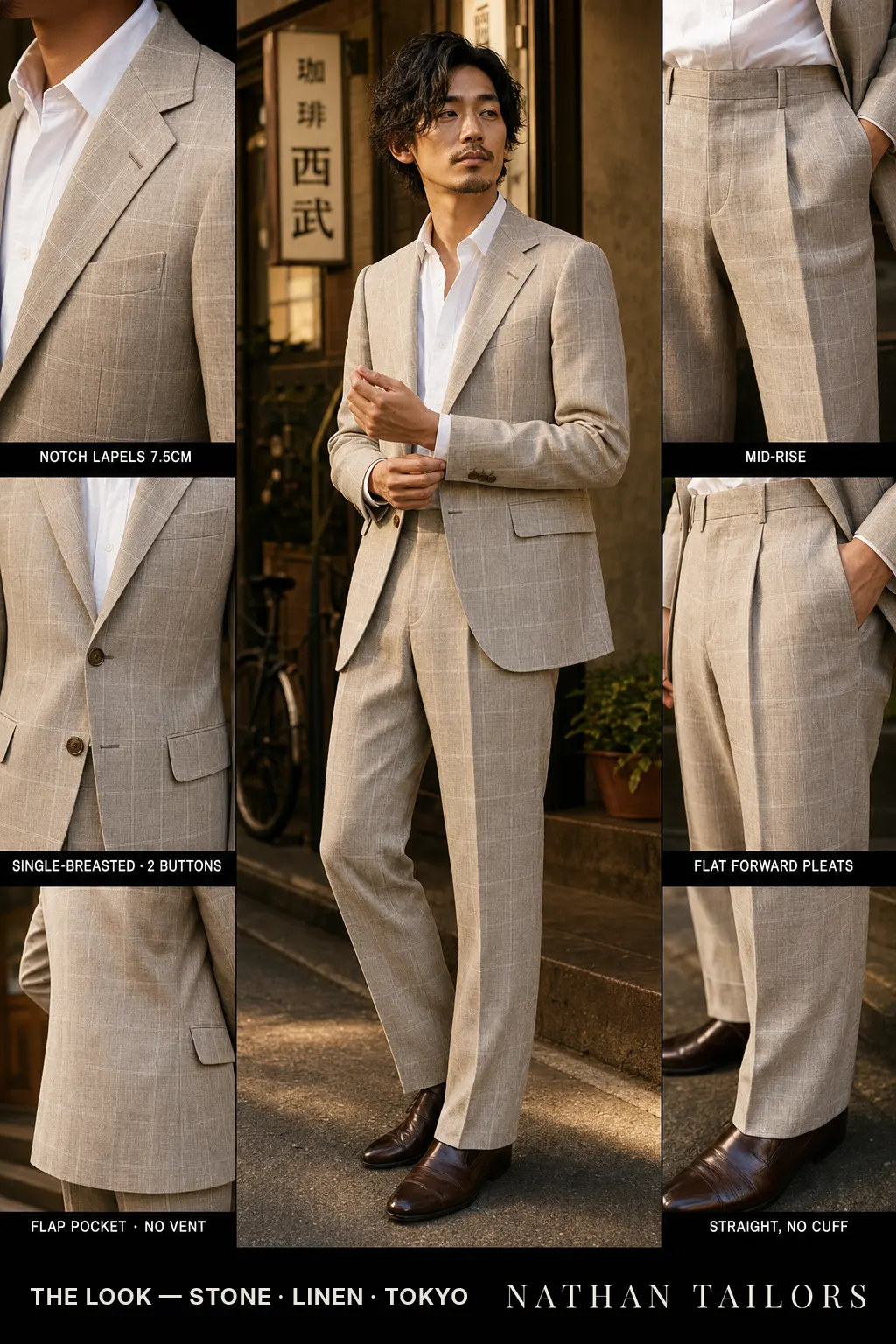 stone windowpane single-breasted notch-lapel bespoke suit โ AI-rendered by Nathan Tailors, the Hoi An custom tailor. Available as a custom tailored suit from $149.