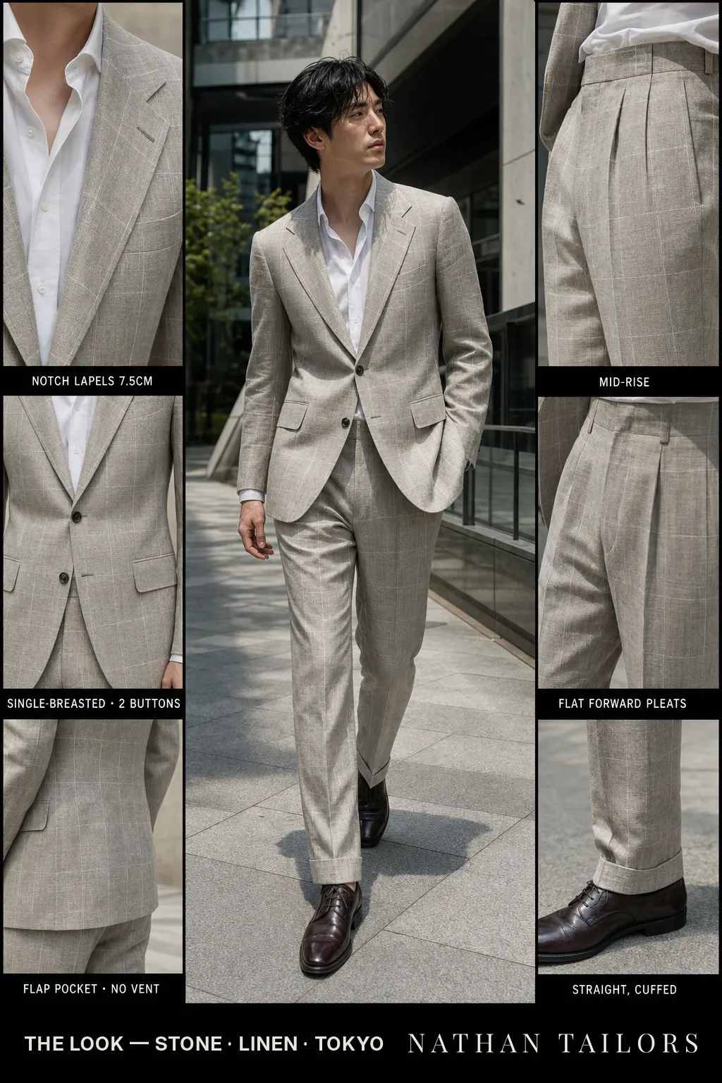 stone windowpane single-breasted notch-lapel bespoke suit โ AI-rendered by Nathan Tailors, the Hoi An custom tailor. Available as a custom tailored suit from $149.