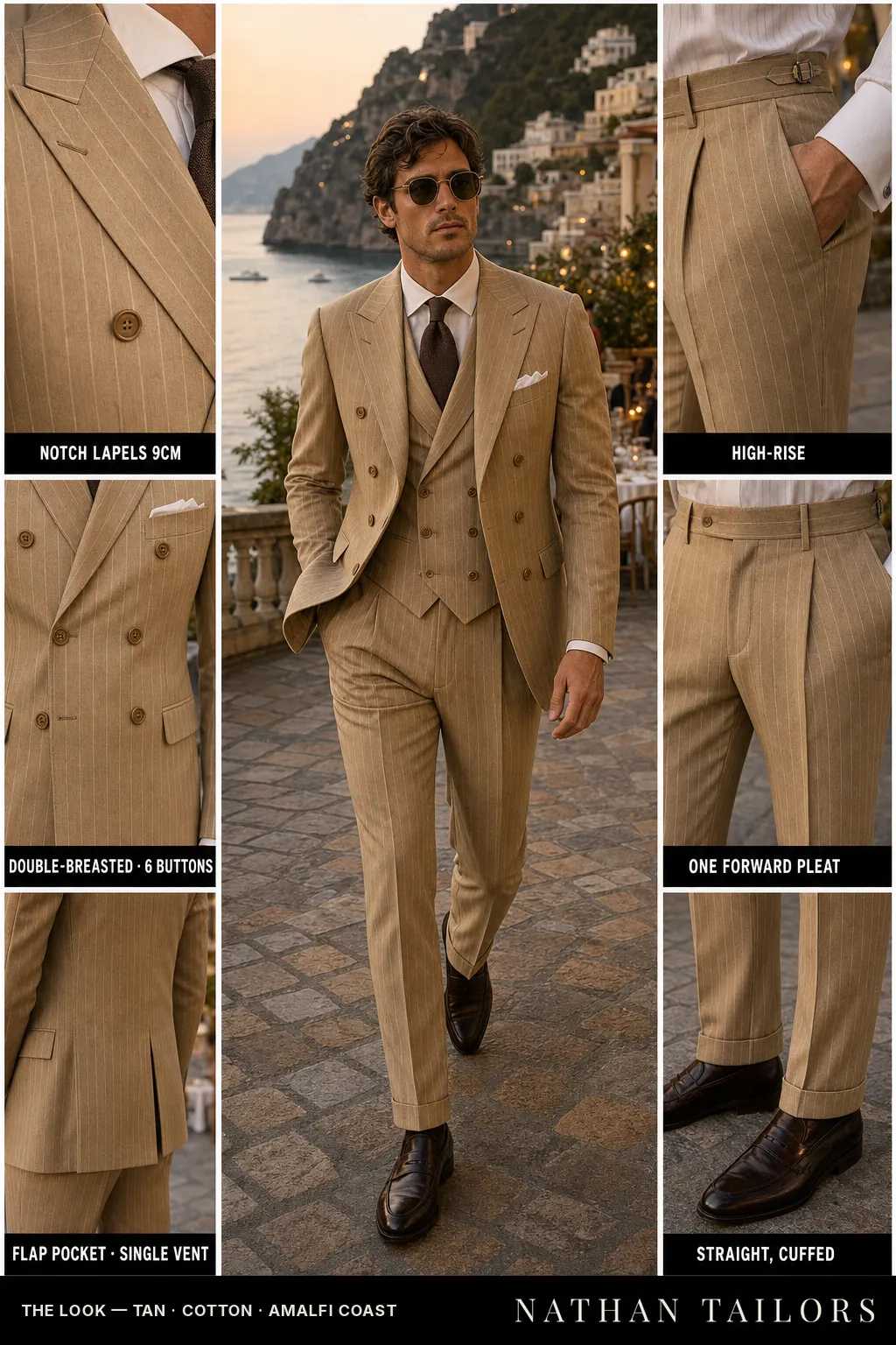 tan chalk stripe double-breasted notch-lapel bespoke suit — AI-rendered by Nathan Tailors, the Hoi An custom tailor. Available as a custom tailored suit from $149.