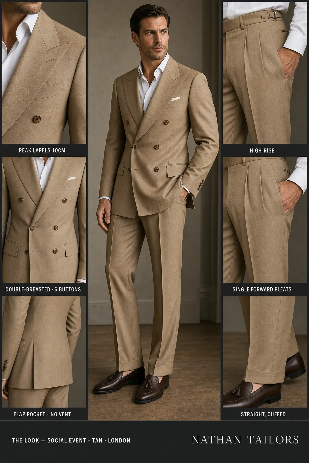 tan double-breasted peak-lapel bespoke suit โ AI-rendered by Nathan Tailors, the Hoi An custom tailor. Available as a custom tailored suit from $149.