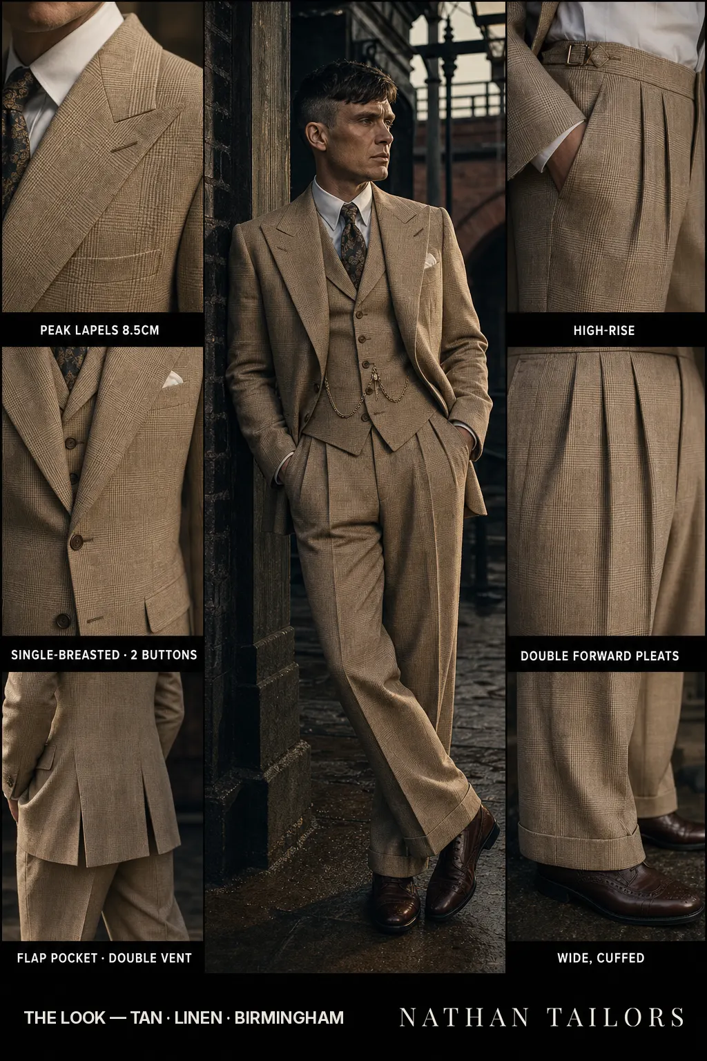 tan glen plaid single-breasted peak-lapel bespoke suit — AI-rendered by Nathan Tailors, the Hoi An custom tailor. Available as a custom tailored suit from $149.