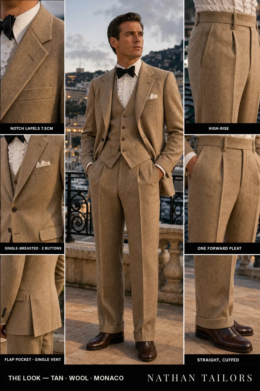 tan herringbone single-breasted bespoke suit — custom tailored by Nathan Tailors, the Hoi An custom tailor