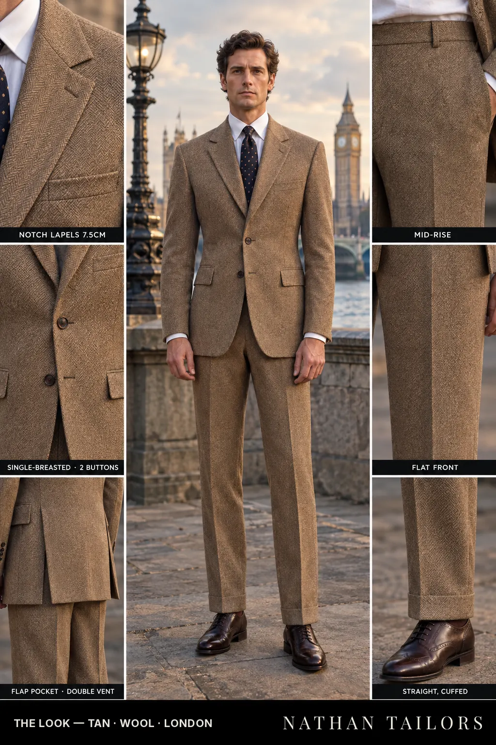 tan herringbone single-breasted notch-lapel bespoke suit โ AI-rendered by Nathan Tailors, the Hoi An custom tailor. Available as a custom tailored suit from $149.