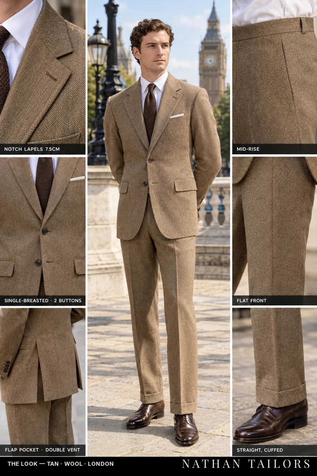 tan herringbone single-breasted bespoke suit — custom tailored by Nathan Tailors, the Hoi An custom tailor