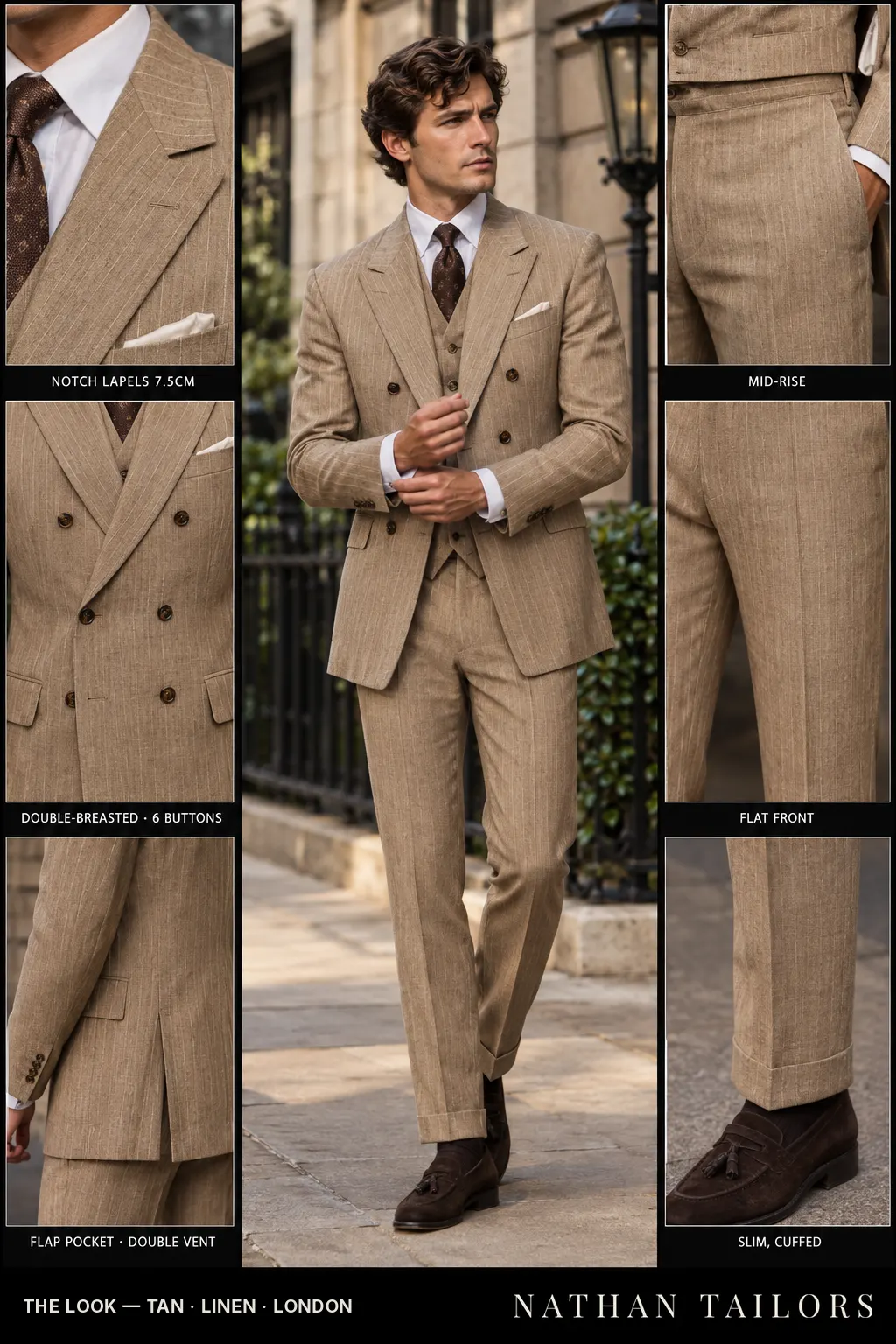 tan pinstripe double-breasted bespoke suit — custom tailored by Nathan Tailors, the Hoi An custom tailor
