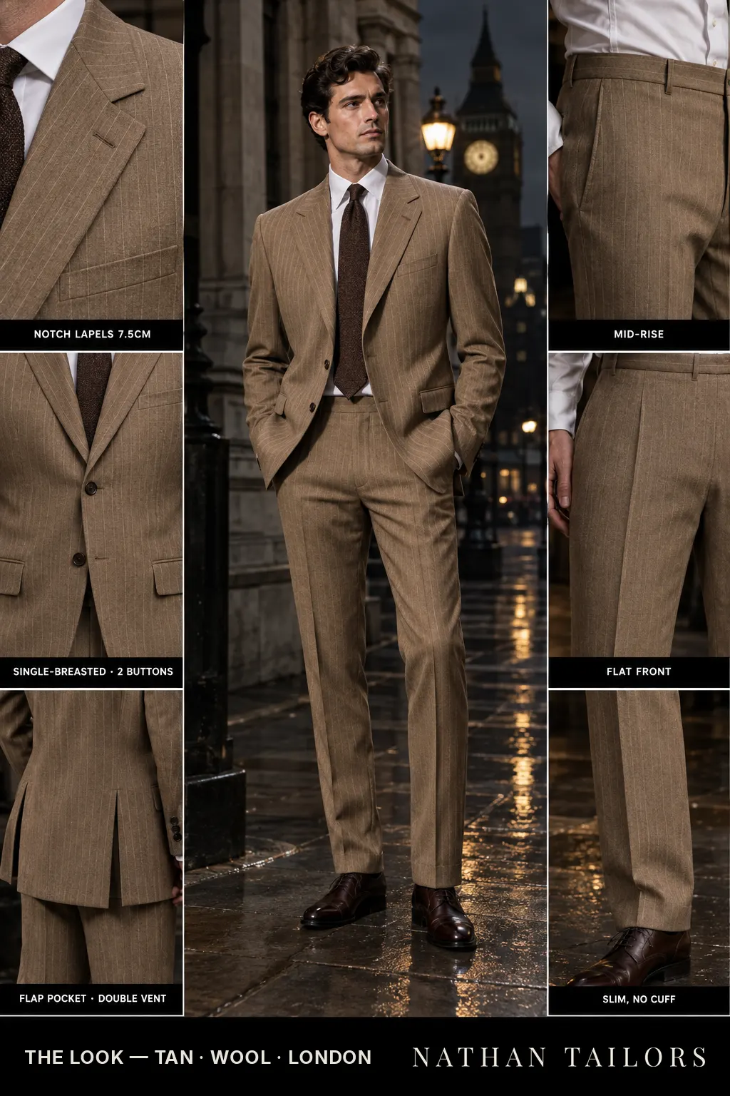 tan pinstripe single-breasted bespoke suit โ custom tailored by Nathan Tailors, the Hoi An custom tailor