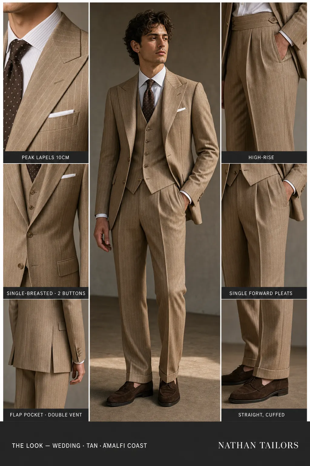 tan pinstripe single-breasted peak-lapel bespoke suit — AI-rendered by Nathan Tailors, the Hoi An custom tailor. Available as a custom tailored suit from $149.
