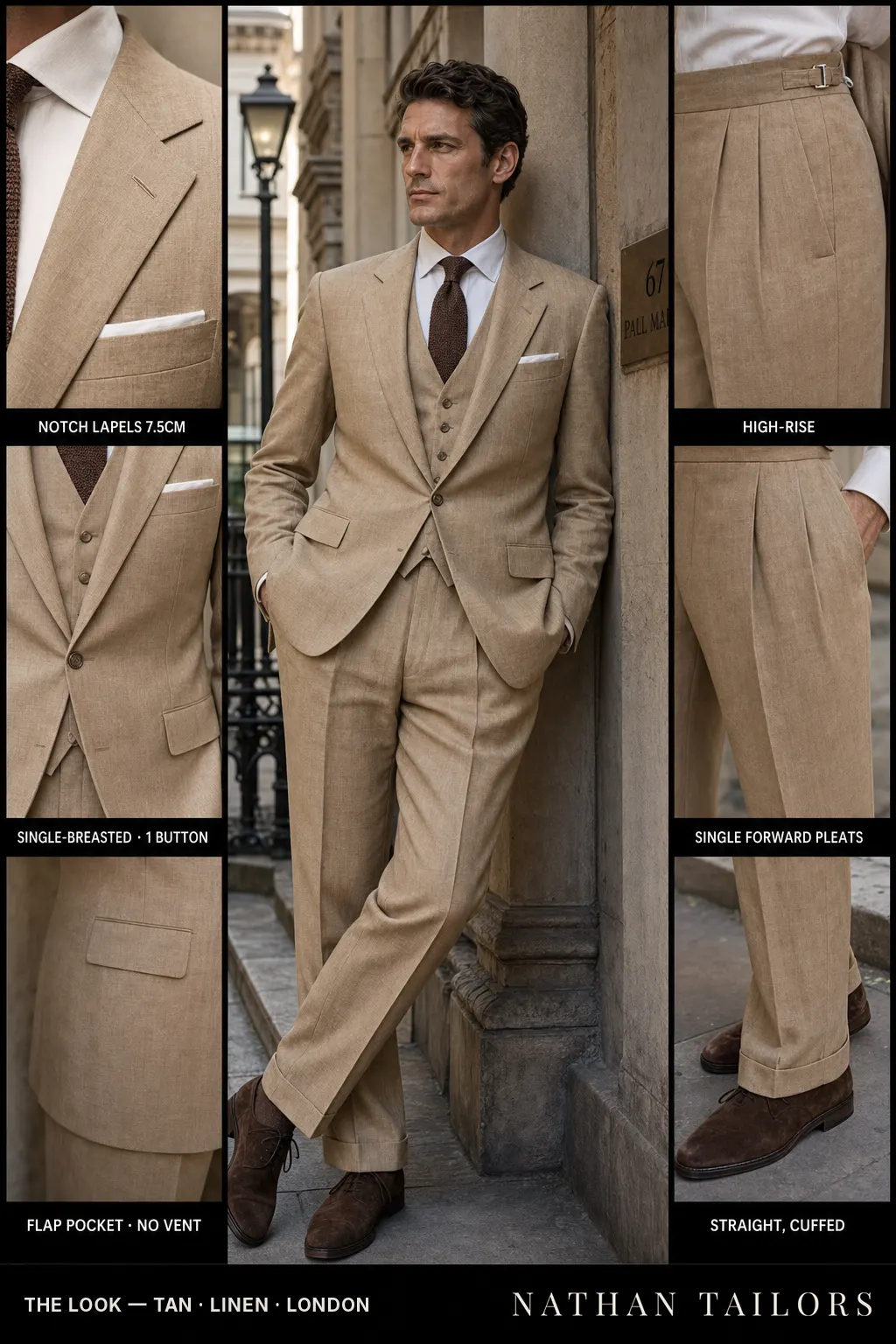 tan single-breasted notch-lapel bespoke suit — AI-rendered by Nathan Tailors, the Hoi An custom tailor. Available as a custom tailored suit from $149.