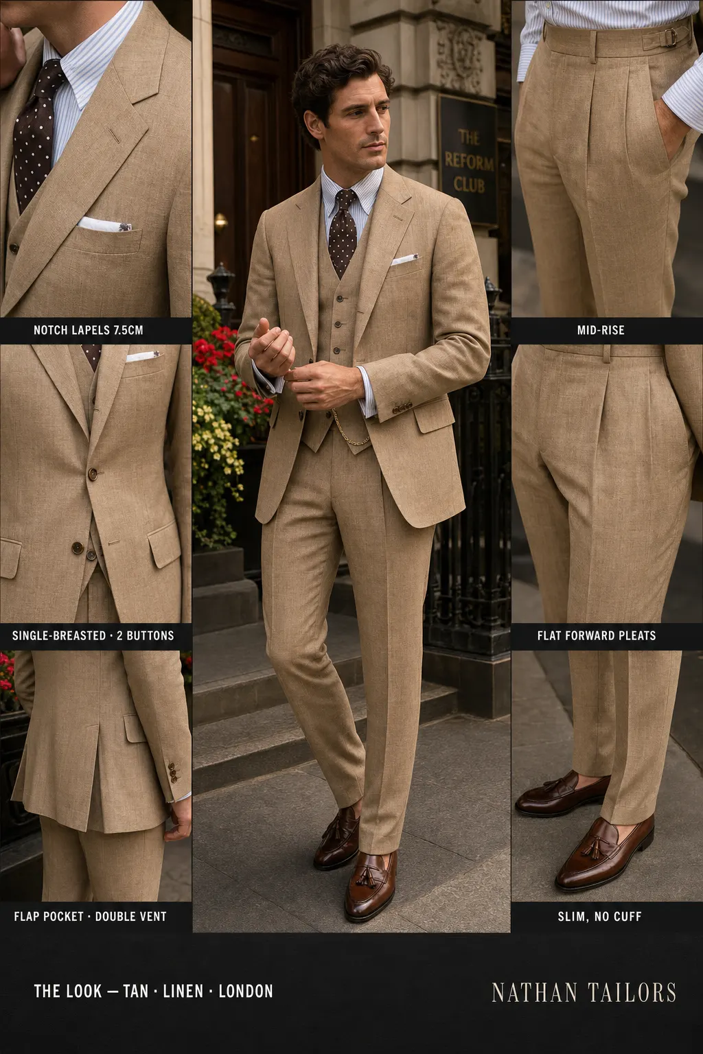 tan single-breasted notch-lapel bespoke suit — AI-rendered by Nathan Tailors, the Hoi An custom tailor. Available as a custom tailored suit from $149.
