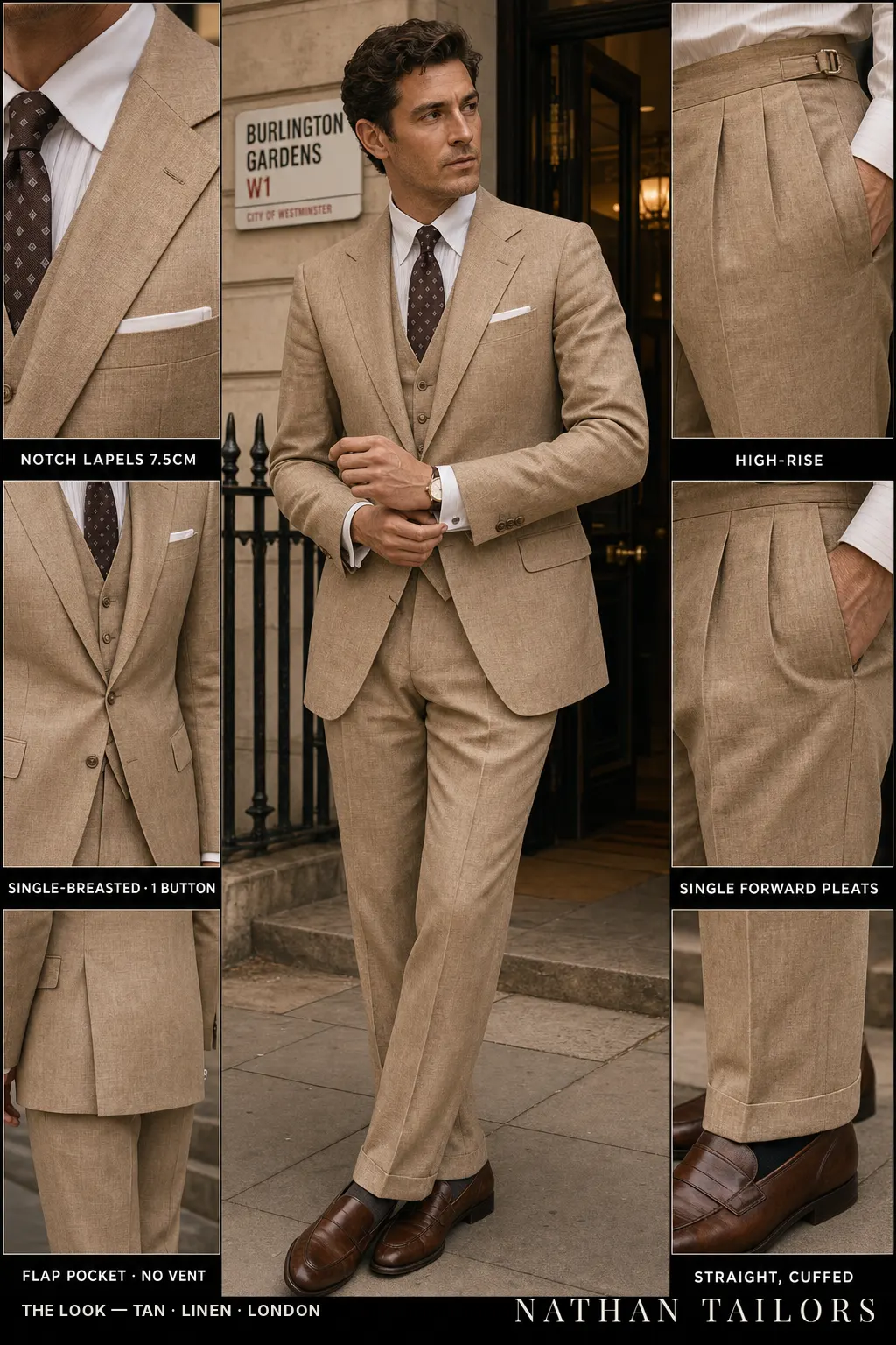 tan single-breasted notch-lapel bespoke suit โ AI-rendered by Nathan Tailors, the Hoi An custom tailor. Available as a custom tailored suit from $149.