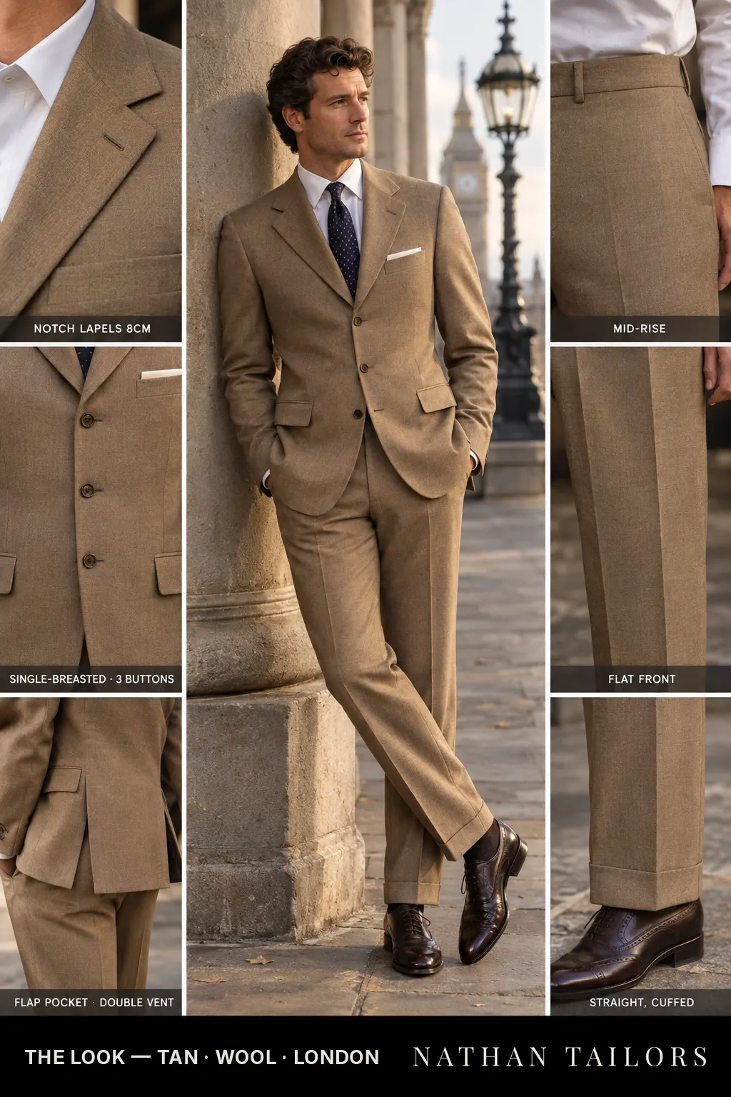 tan single-breasted bespoke suit โ custom tailored by Nathan Tailors, the Hoi An custom tailor