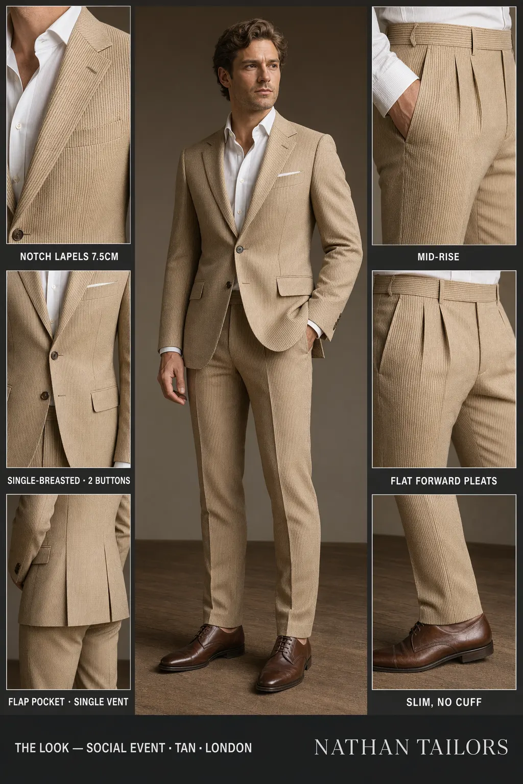 tan single-breasted notch-lapel bespoke suit โ AI-rendered by Nathan Tailors, the Hoi An custom tailor. Available as a custom tailored suit from $169.