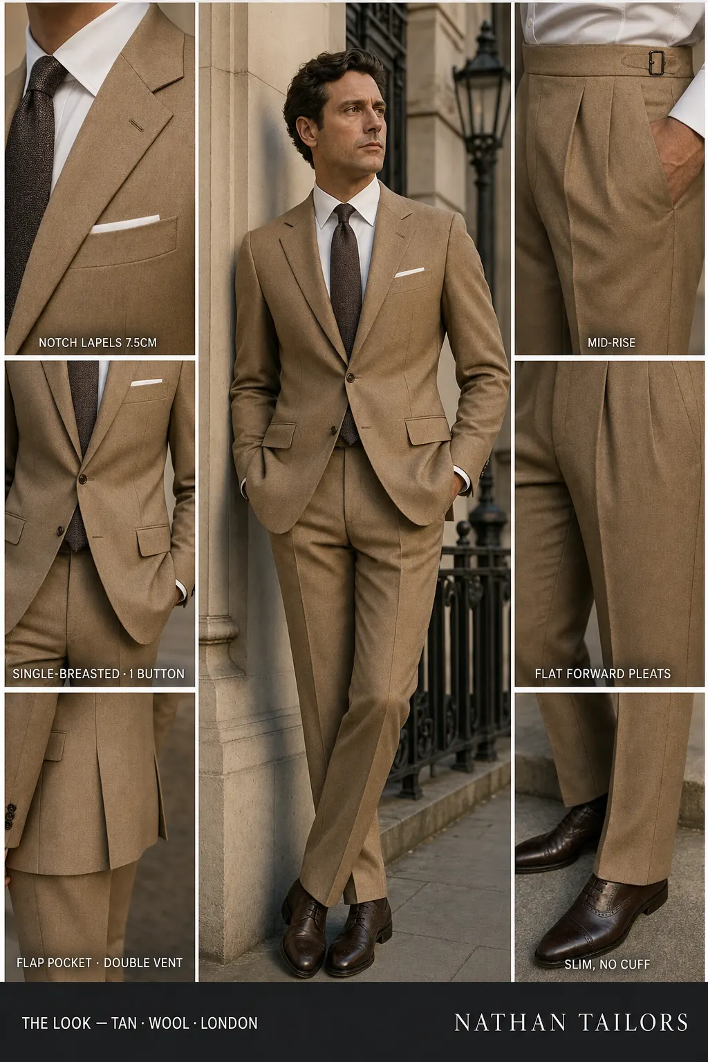 tan single-breasted notch-lapel bespoke suit โ AI-rendered by Nathan Tailors, the Hoi An custom tailor. Available as a custom tailored suit from $149.