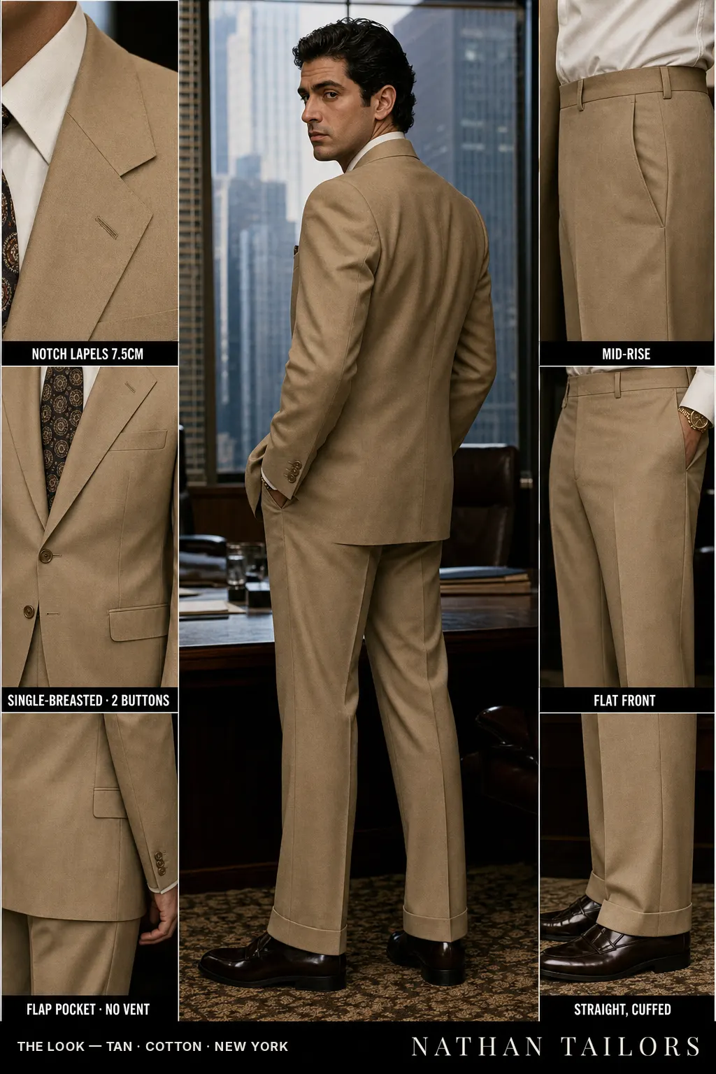 tan single-breasted bespoke suit โ custom tailored by Nathan Tailors, the Hoi An custom tailor
