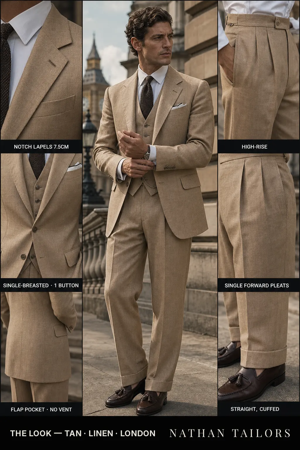 tan single-breasted notch-lapel bespoke suit — AI-rendered by Nathan Tailors, the Hoi An custom tailor. Available as a custom tailored suit from $149.