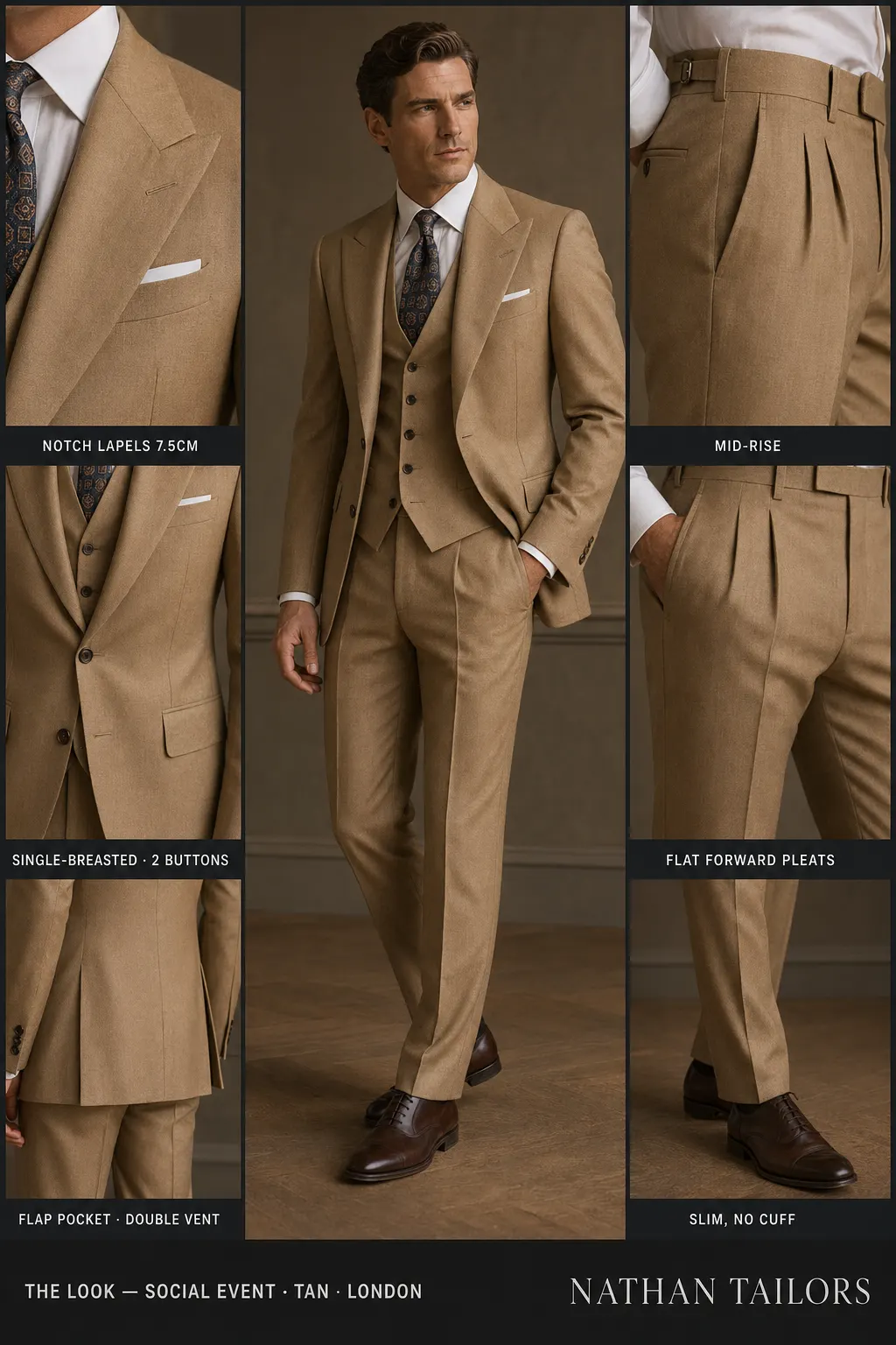 tan single-breasted notch-lapel bespoke suit — AI-rendered by Nathan Tailors, the Hoi An custom tailor. Available as a custom tailored suit from $149.