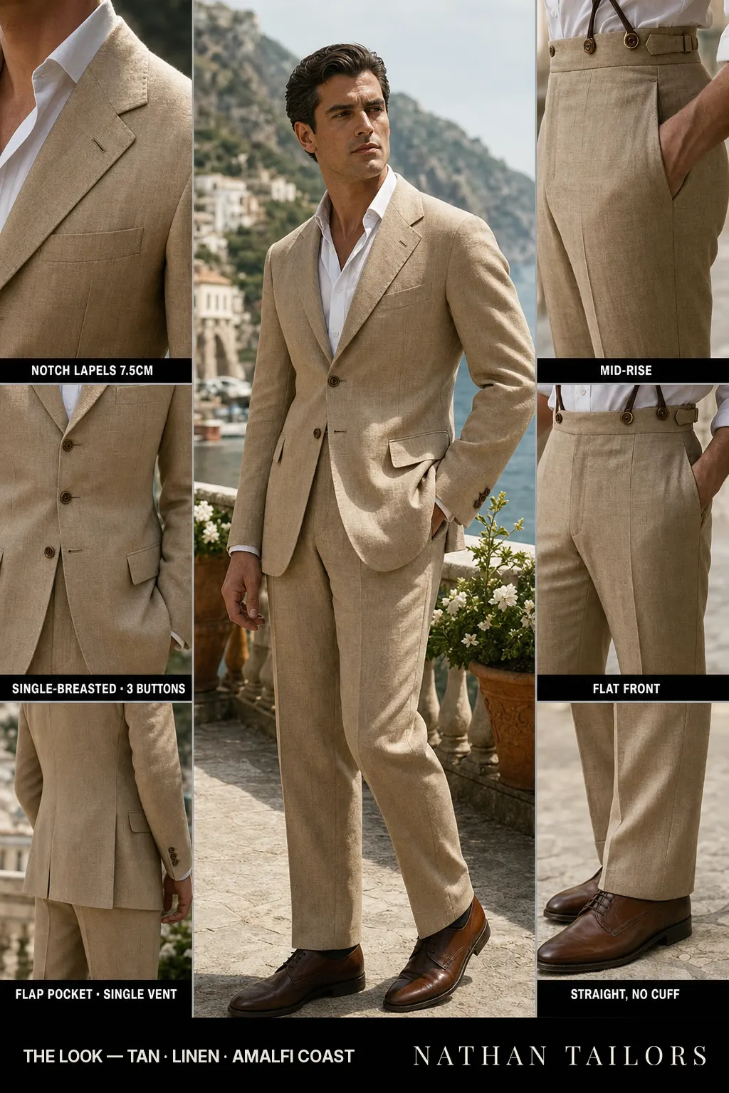 tan single-breasted notch-lapel bespoke suit โ AI-rendered by Nathan Tailors, the Hoi An custom tailor. Available as a custom tailored suit from $149.