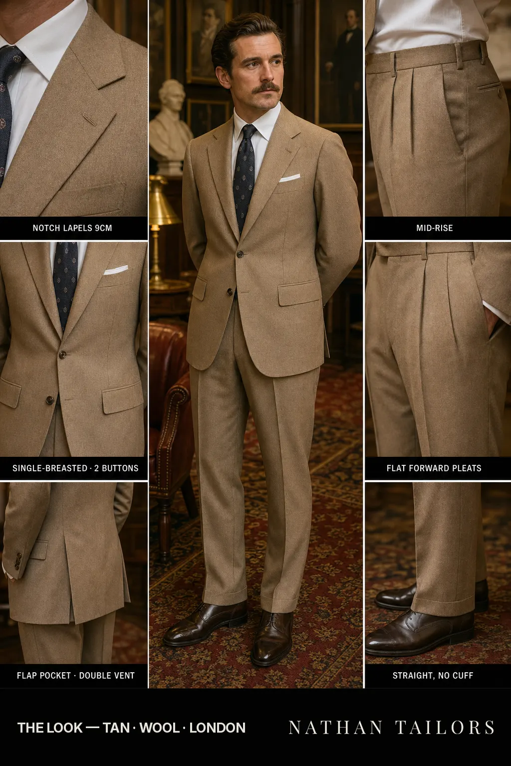 tan single-breasted notch-lapel bespoke suit — AI-rendered by Nathan Tailors, the Hoi An custom tailor. Available as a custom tailored suit from $149.