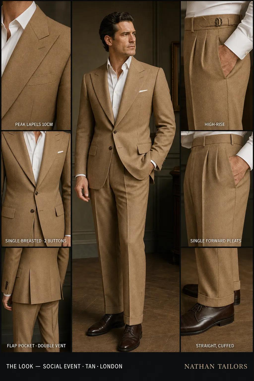 tan single-breasted peak-lapel bespoke suit โ AI-rendered by Nathan Tailors, the Hoi An custom tailor. Available as a custom tailored suit from $149.