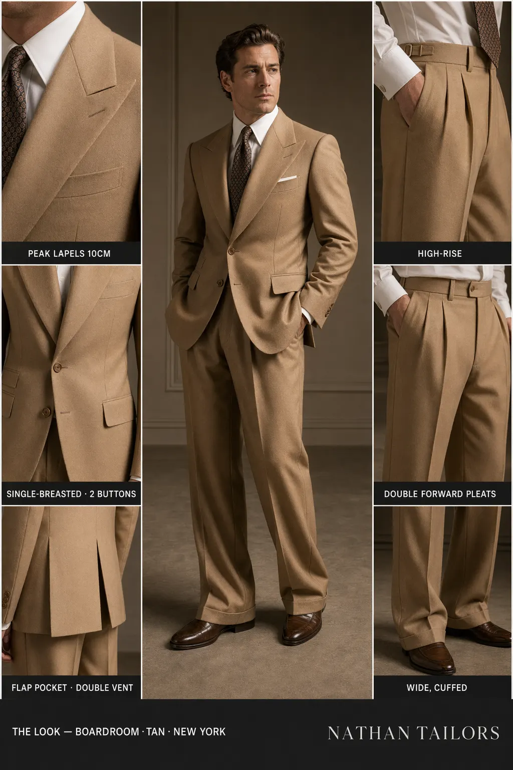 tan single-breasted peak-lapel bespoke suit — AI-rendered by Nathan Tailors, the Hoi An custom tailor. Available as a custom tailored suit from $149.