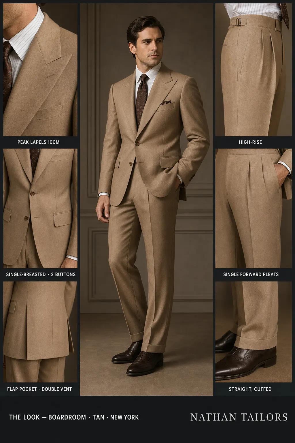 tan single-breasted peak-lapel bespoke suit โ AI-rendered by Nathan Tailors, the Hoi An custom tailor. Available as a custom tailored suit from $149.