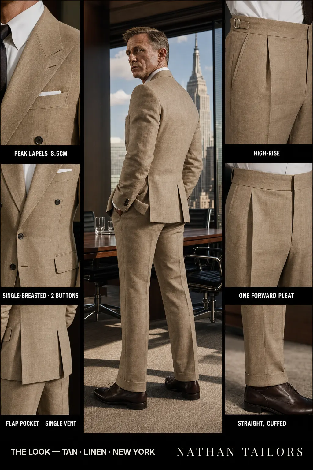 tan single-breasted peak-lapel bespoke suit โ AI-rendered by Nathan Tailors, the Hoi An custom tailor. Available as a custom tailored suit from $149.