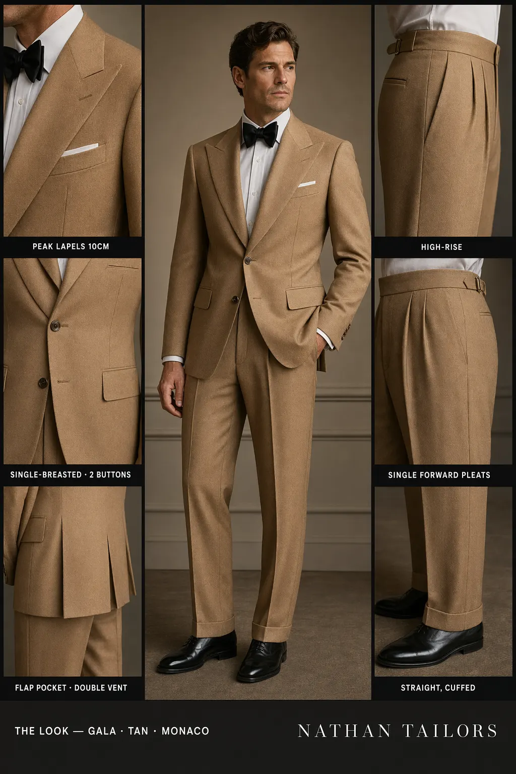 tan single-breasted peak-lapel bespoke suit โ AI-rendered by Nathan Tailors, the Hoi An custom tailor. Available as a custom tailored suit from $149.