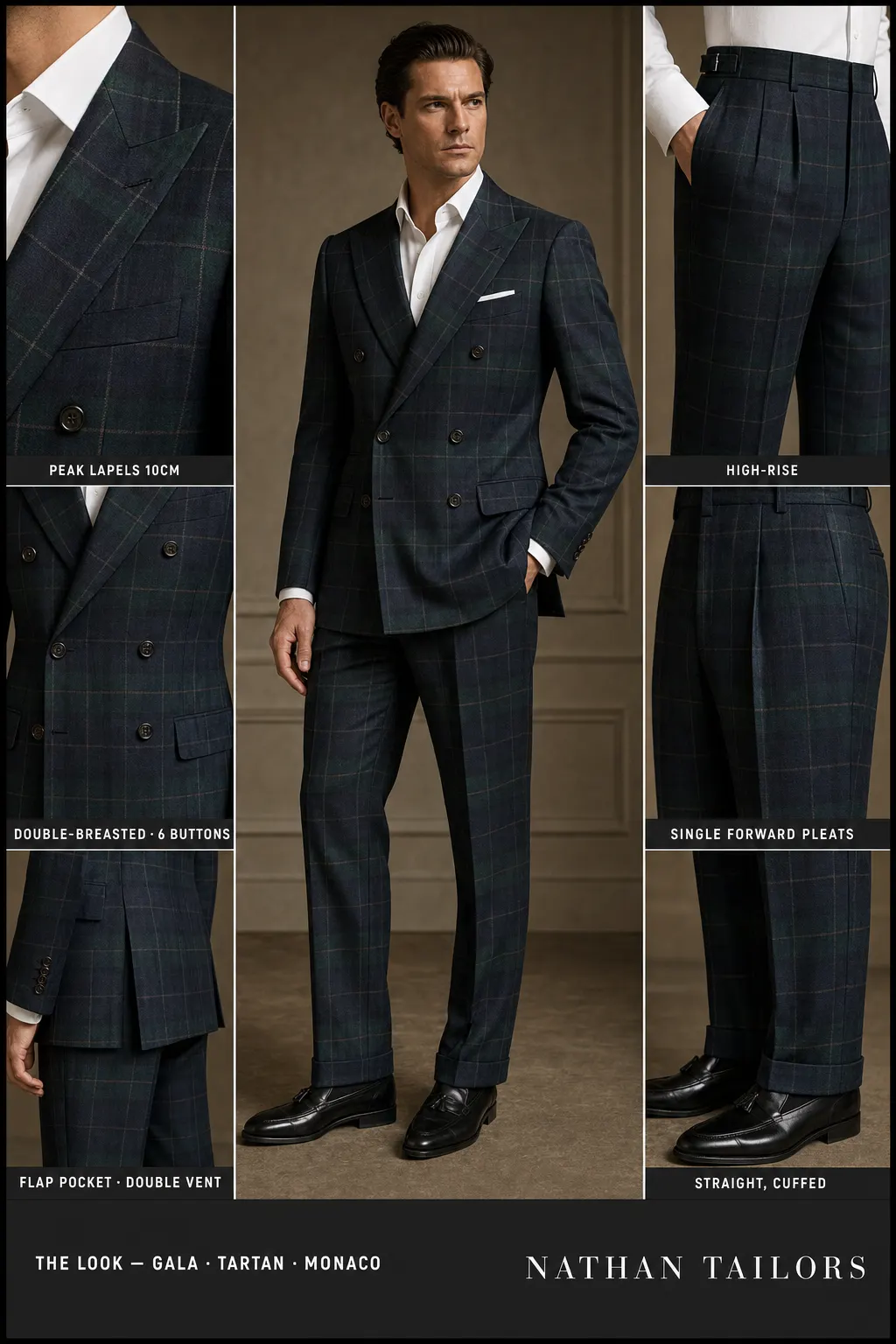 Tartan windowpane double-breasted peak-lapel bespoke suit โ AI-rendered by Nathan Tailors, the Hoi An custom tailor. Available as a custom tailored suit from $149.