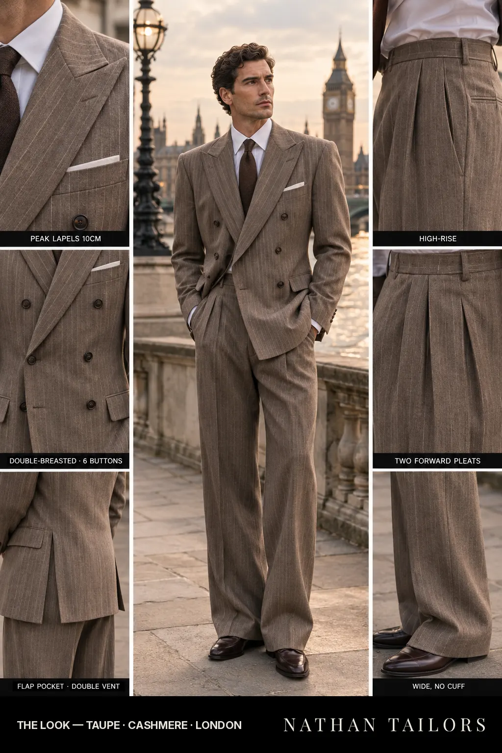 taupe chalk_stripe double-breasted bespoke suit โ custom tailored by Nathan Tailors, the Hoi An custom tailor