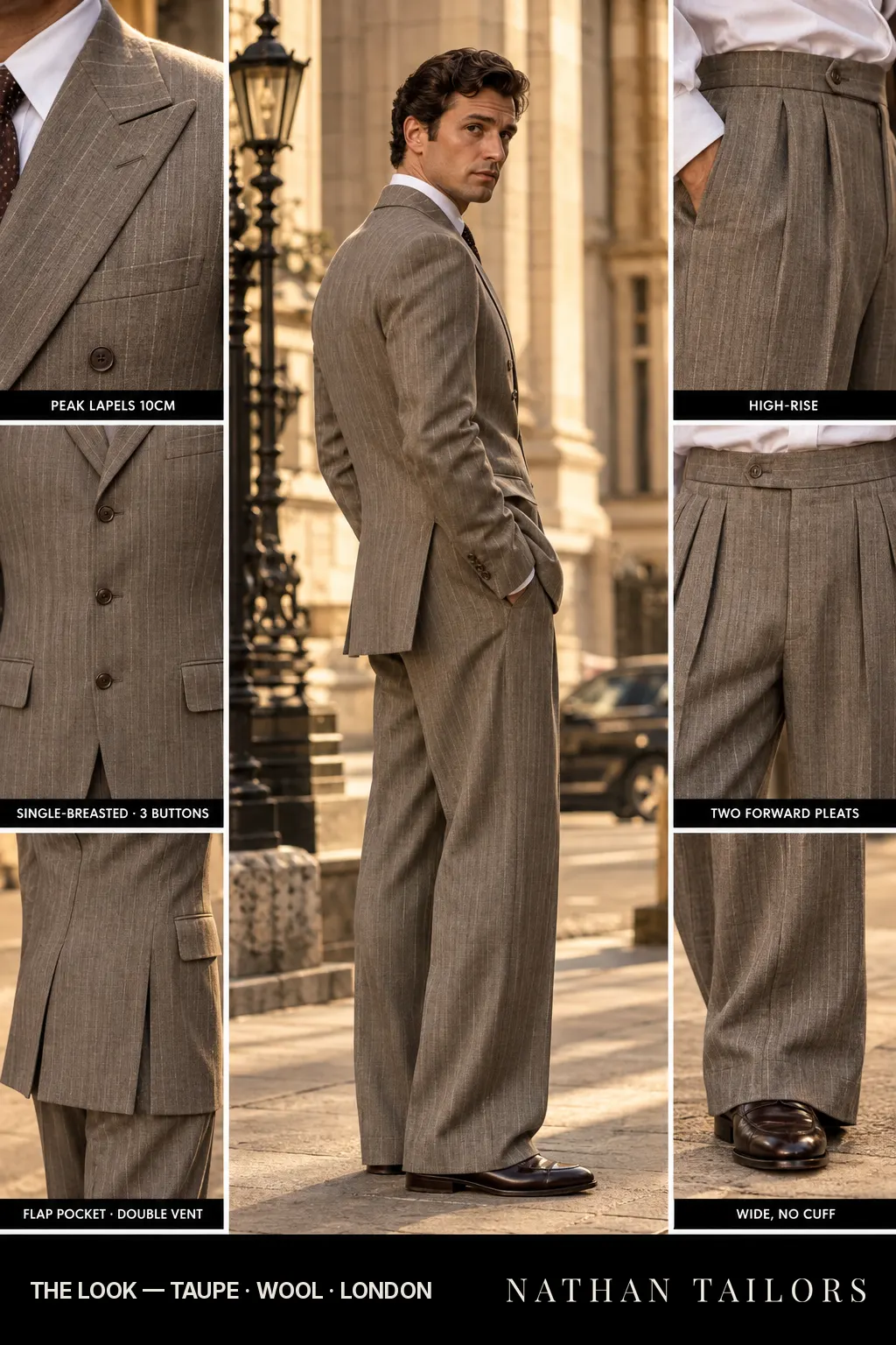 taupe chalk stripe single-breasted peak-lapel bespoke suit — AI-rendered by Nathan Tailors, the Hoi An custom tailor. Available as a custom tailored suit from $169.
