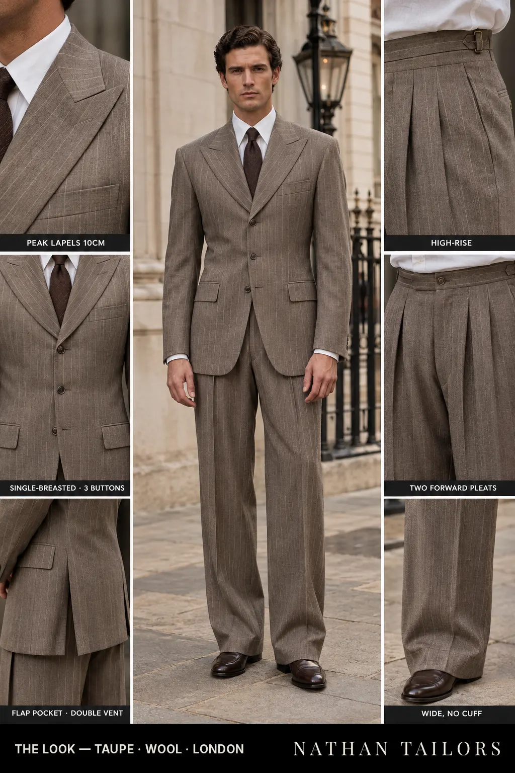 taupe chalk stripe single-breasted peak-lapel bespoke suit — AI-rendered by Nathan Tailors, the Hoi An custom tailor. Available as a custom tailored suit from $169.