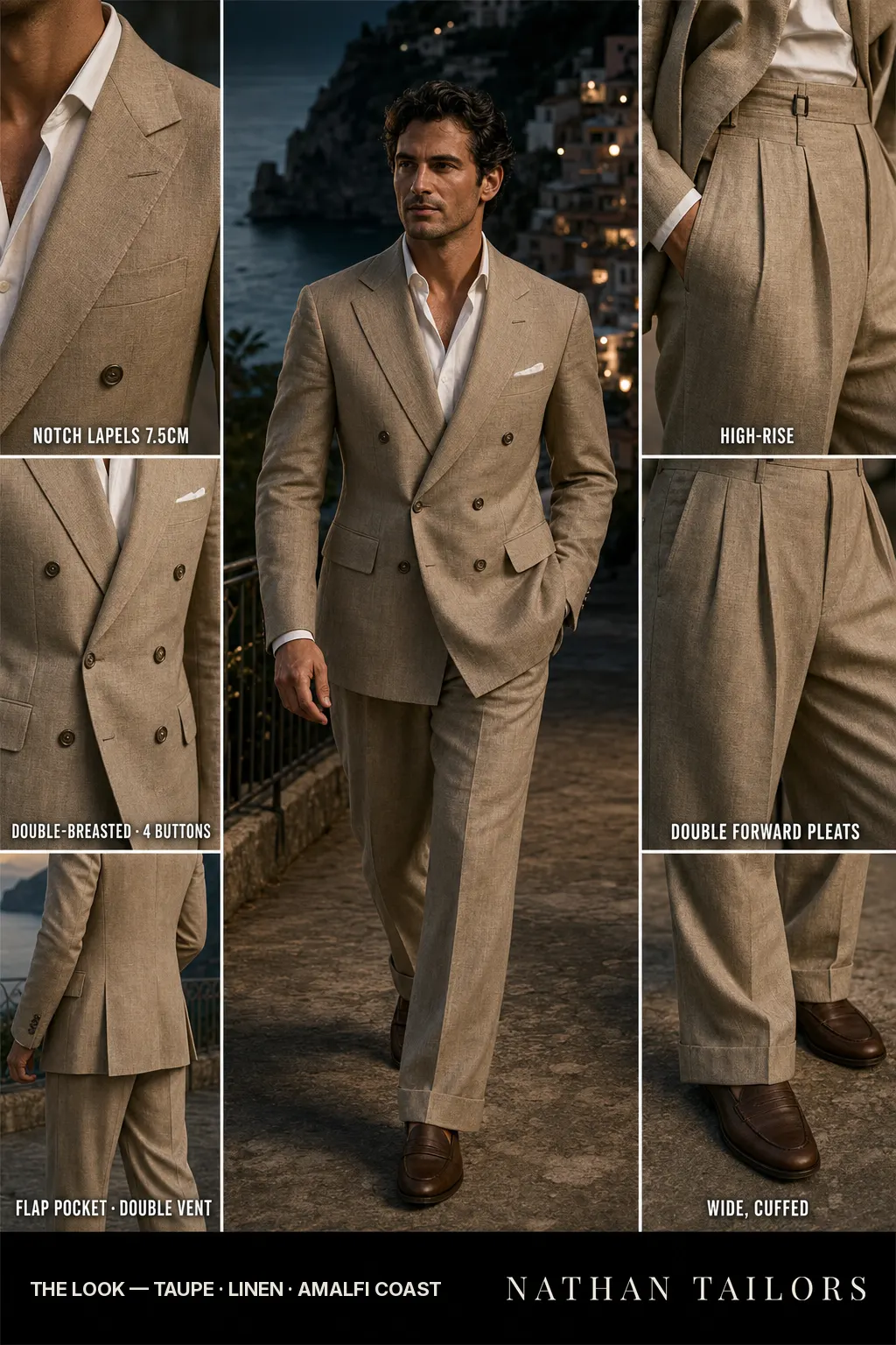 taupe double-breasted notch-lapel bespoke suit — AI-rendered by Nathan Tailors, the Hoi An custom tailor. Available as a custom tailored suit from $149.