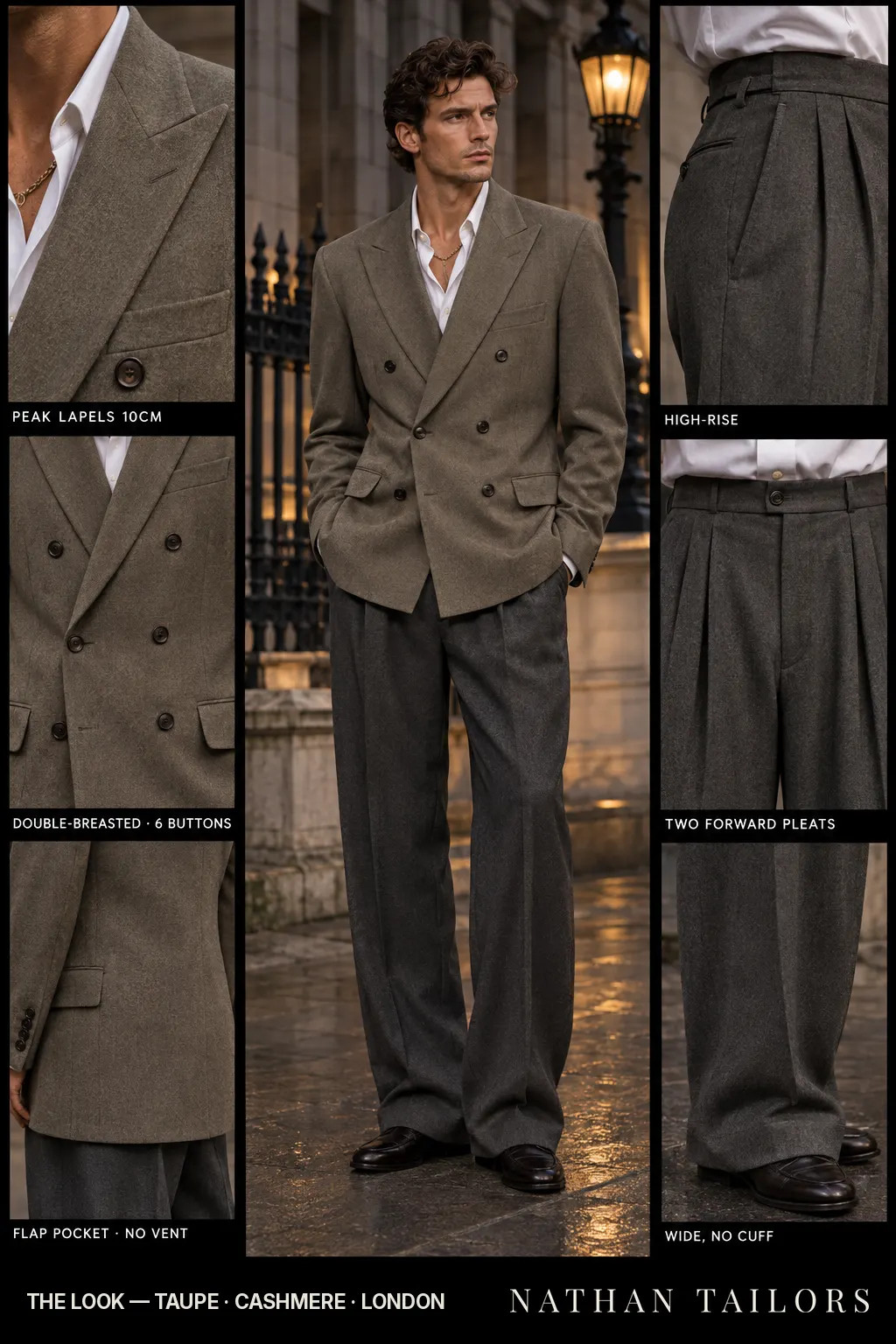 taupe double-breasted bespoke suit — custom tailored by Nathan Tailors, the Hoi An custom tailor