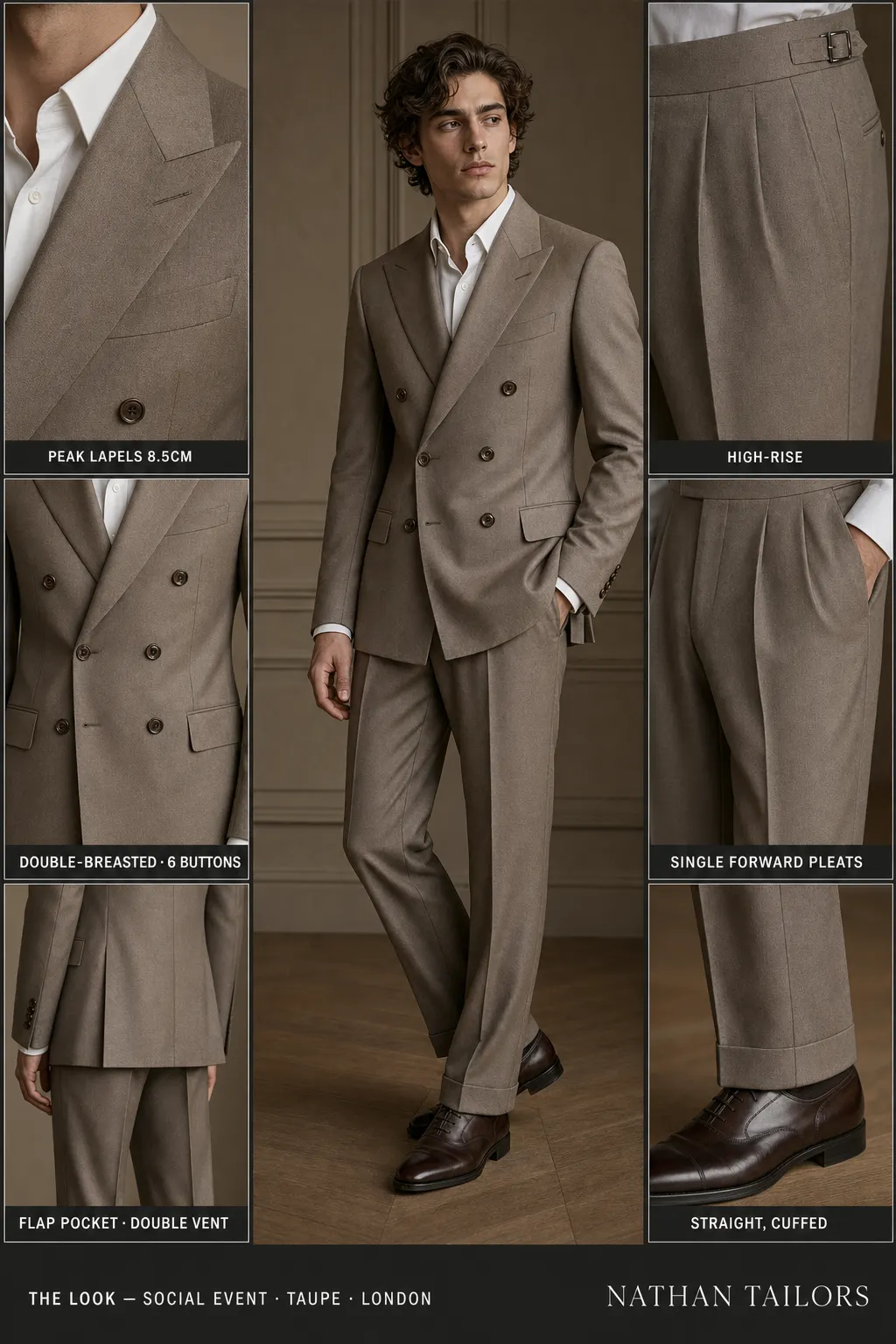 taupe double-breasted peak-lapel bespoke suit โ AI-rendered by Nathan Tailors, the Hoi An custom tailor. Available as a custom tailored suit from $149.