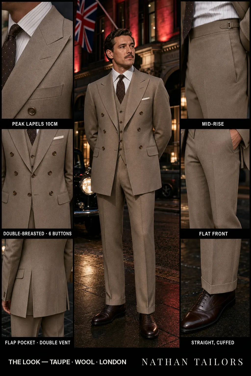 taupe double-breasted peak-lapel bespoke suit — AI-rendered by Nathan Tailors, the Hoi An custom tailor. Available as a custom tailored suit from $149.