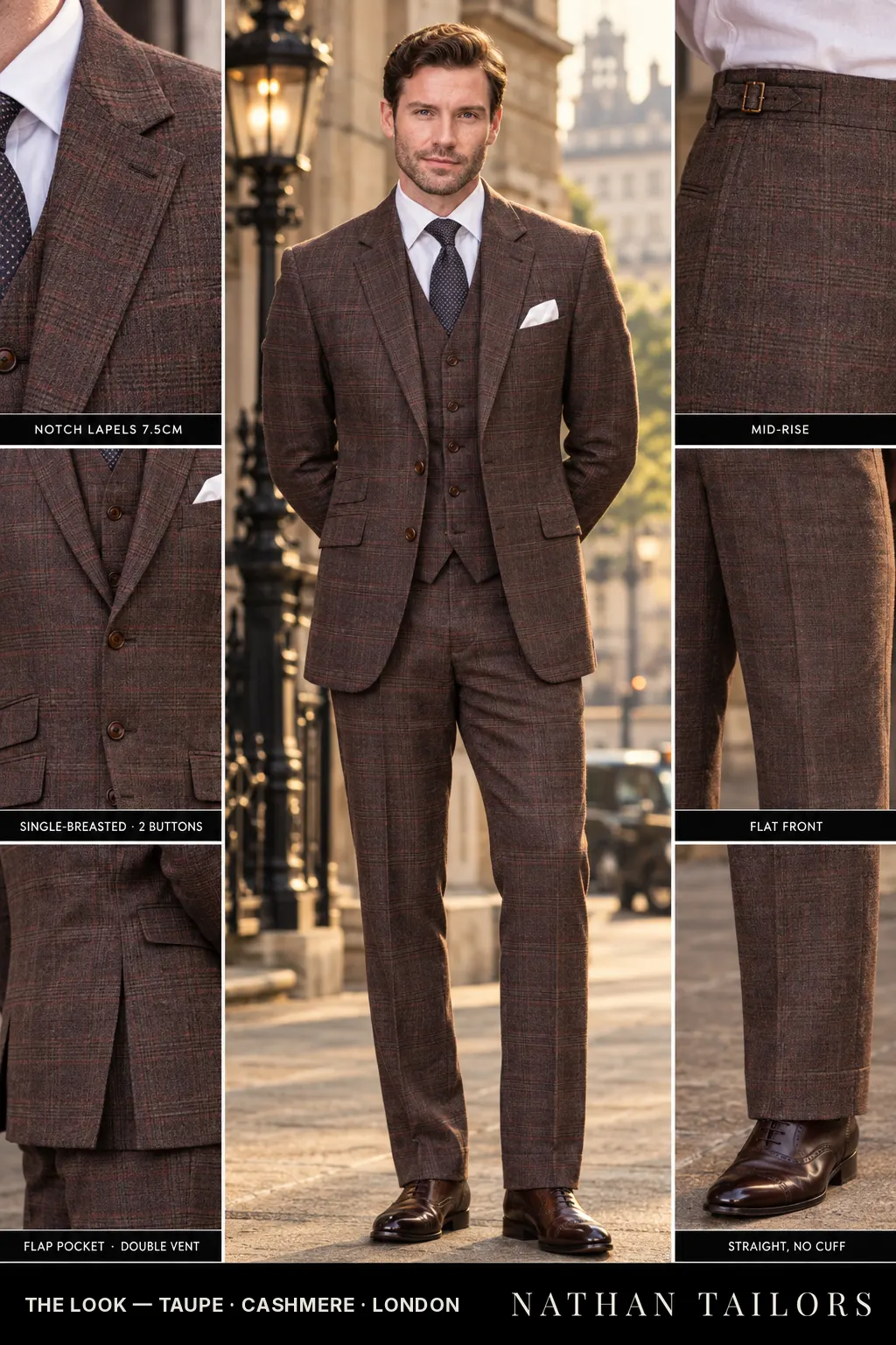 taupe glen plaid single-breasted notch-lapel bespoke suit โ AI-rendered by Nathan Tailors, the Hoi An custom tailor. Available as a custom tailored suit from $149.