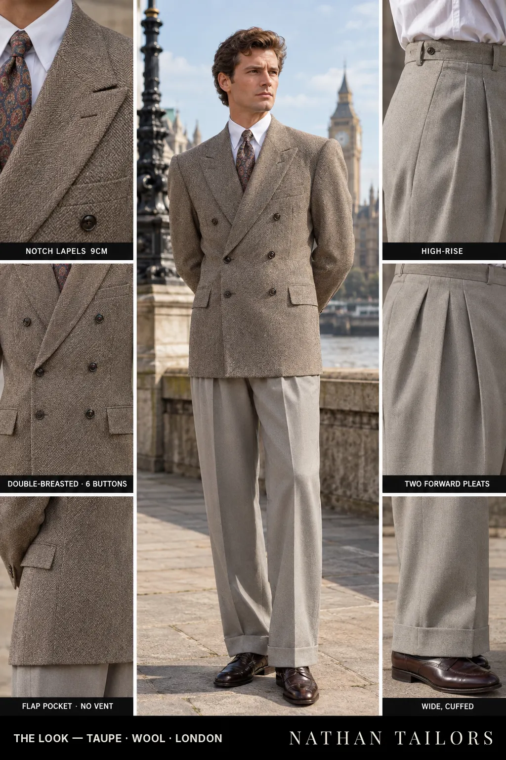 taupe herringbone double-breasted notch-lapel bespoke suit โ AI-rendered by Nathan Tailors, the Hoi An custom tailor. Available as a custom tailored suit from $149.