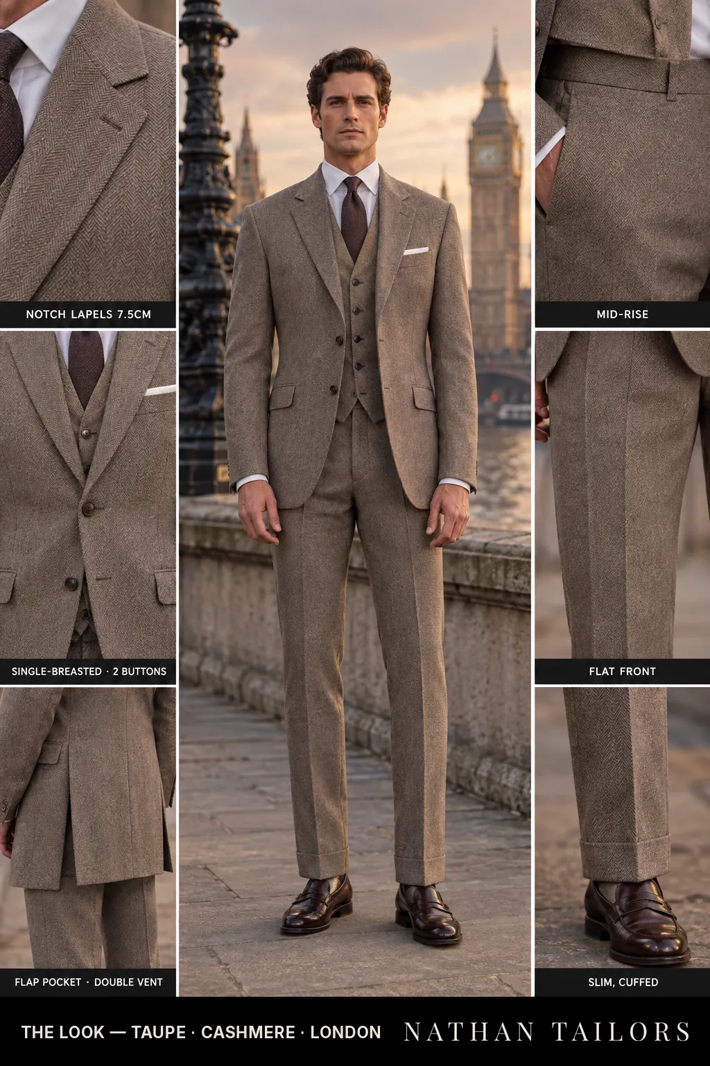 taupe herringbone single-breasted bespoke suit — custom tailored by Nathan Tailors, the Hoi An custom tailor