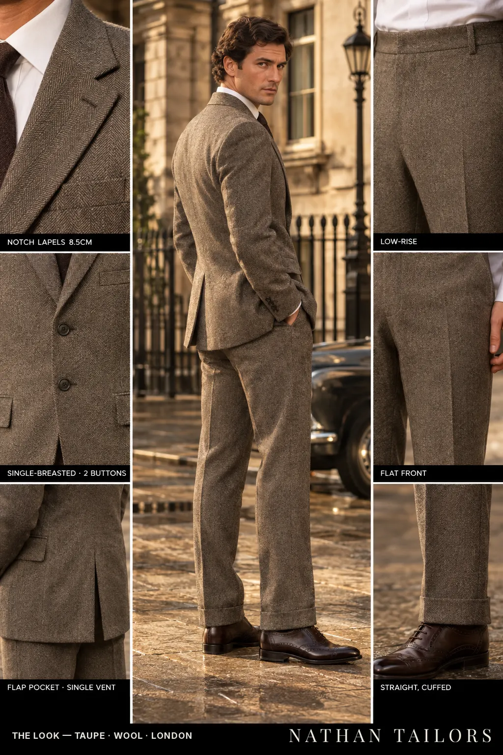 taupe herringbone single-breasted notch-lapel bespoke suit — AI-rendered by Nathan Tailors, the Hoi An custom tailor. Available as a custom tailored suit from $149.
