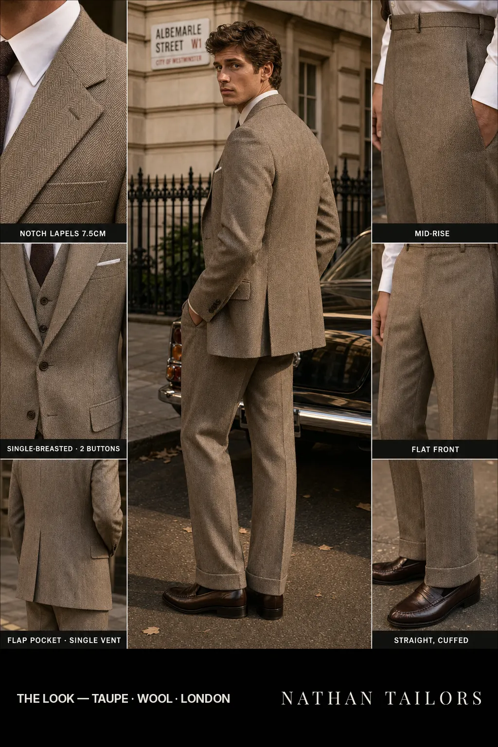 taupe herringbone single-breasted bespoke suit — custom tailored by Nathan Tailors, the Hoi An custom tailor