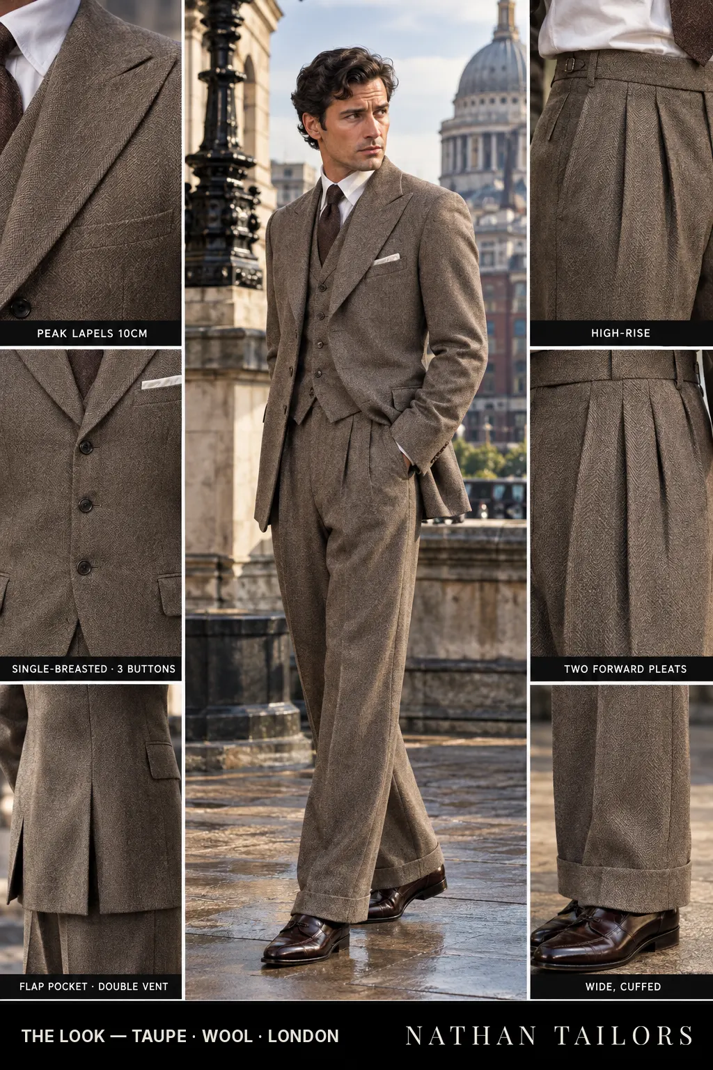 taupe herringbone single-breasted bespoke suit โ custom tailored by Nathan Tailors, the Hoi An custom tailor