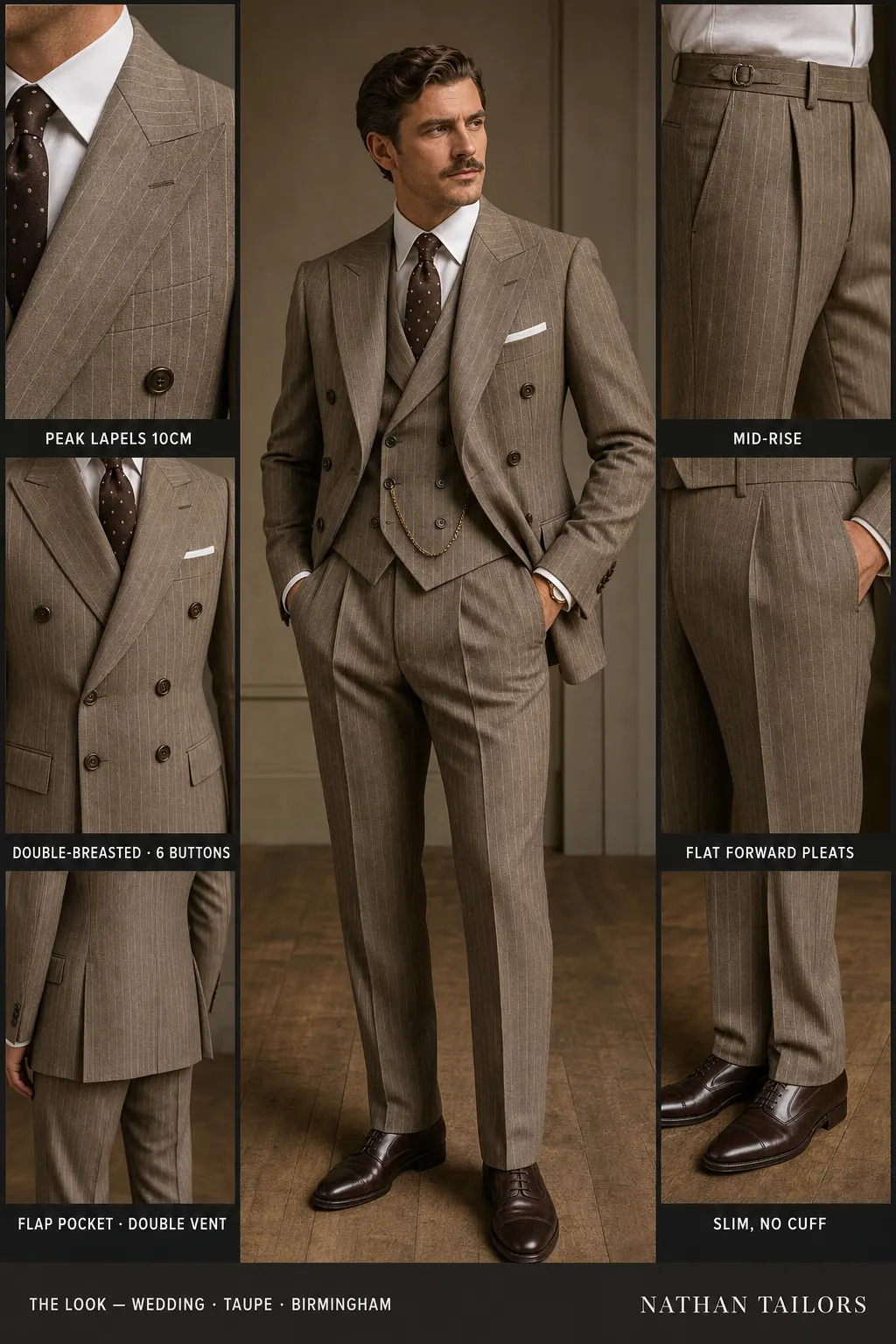 taupe pinstripe double-breasted peak-lapel bespoke suit โ AI-rendered by Nathan Tailors, the Hoi An custom tailor. Available as a custom tailored suit from $149.