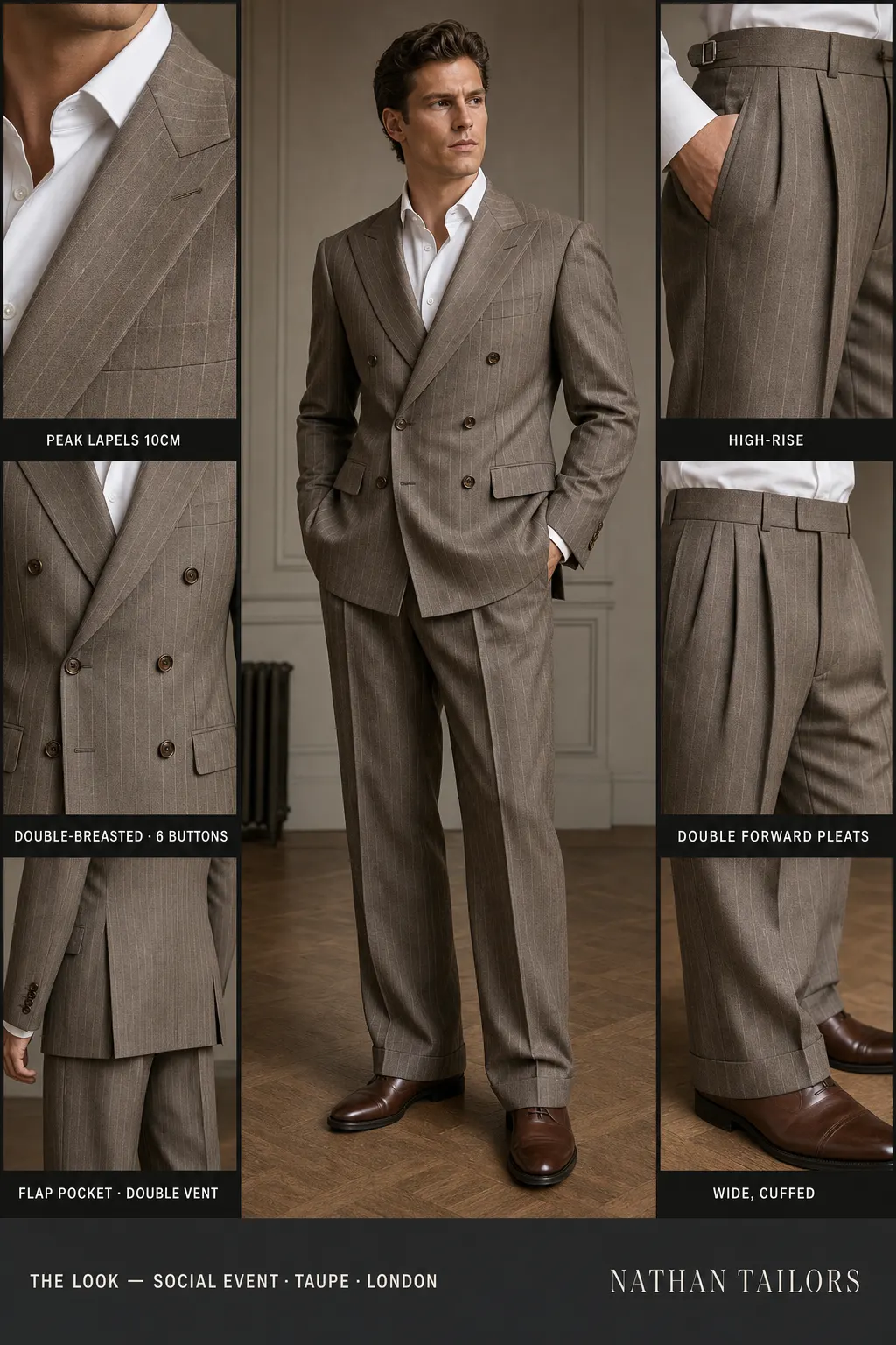 taupe pinstripe double-breasted peak-lapel bespoke suit โ AI-rendered by Nathan Tailors, the Hoi An custom tailor. Available as a custom tailored suit from $149.
