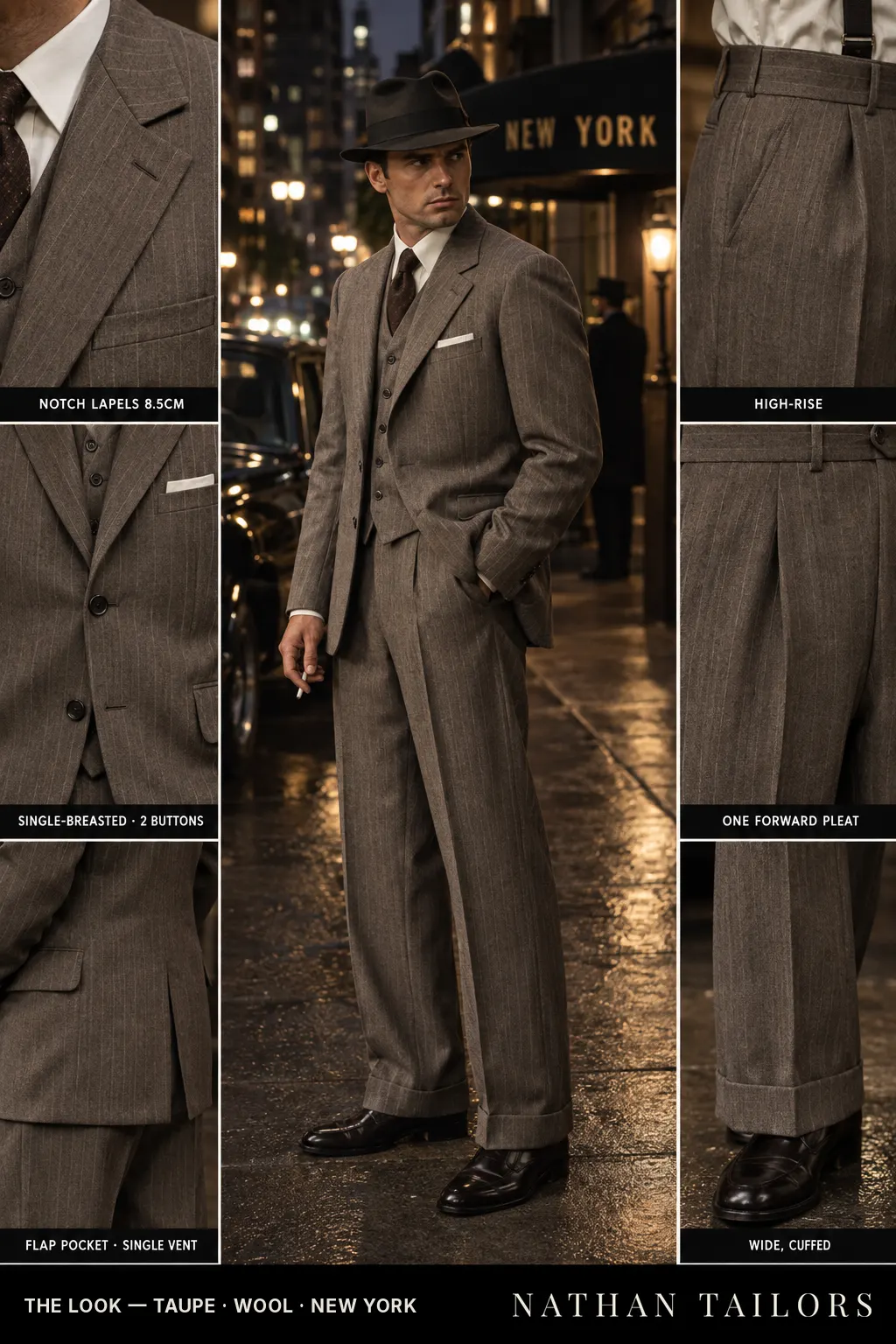 taupe pinstripe single-breasted bespoke suit — custom tailored by Nathan Tailors, the Hoi An custom tailor