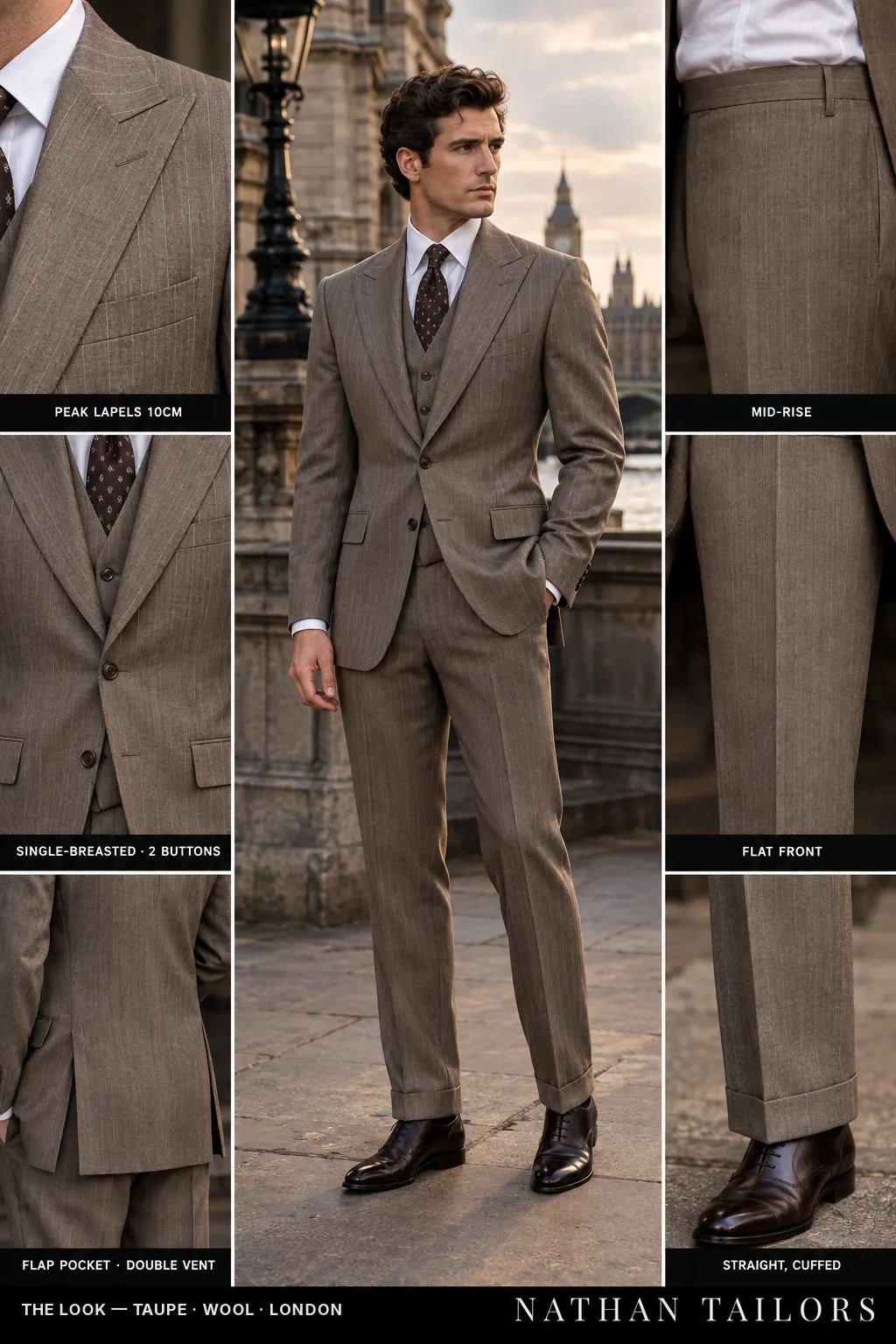 taupe pinstripe single-breasted bespoke suit โ custom tailored by Nathan Tailors, the Hoi An custom tailor