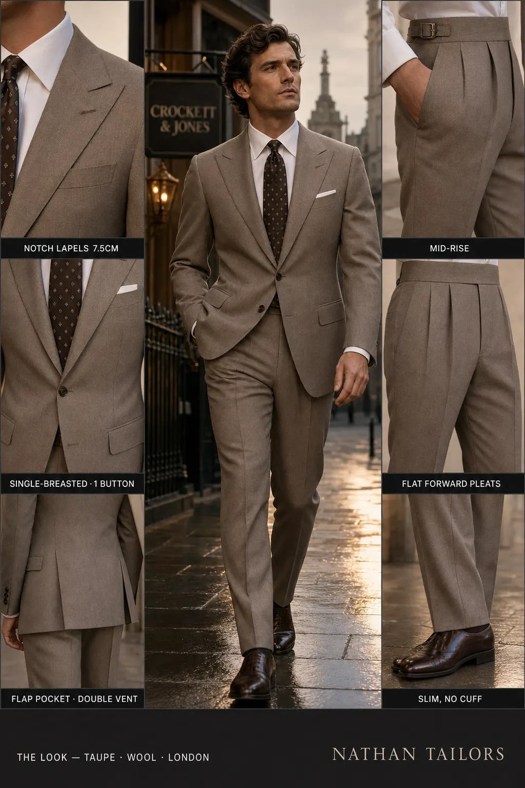 taupe single-breasted notch-lapel bespoke suit โ AI-rendered by Nathan Tailors, the Hoi An custom tailor. Available as a custom tailored suit from $149.