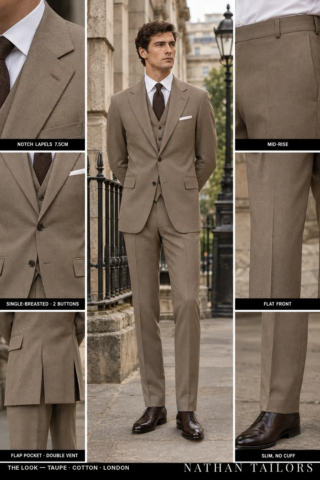 taupe single-breasted bespoke suit โ custom tailored by Nathan Tailors, the Hoi An custom tailor