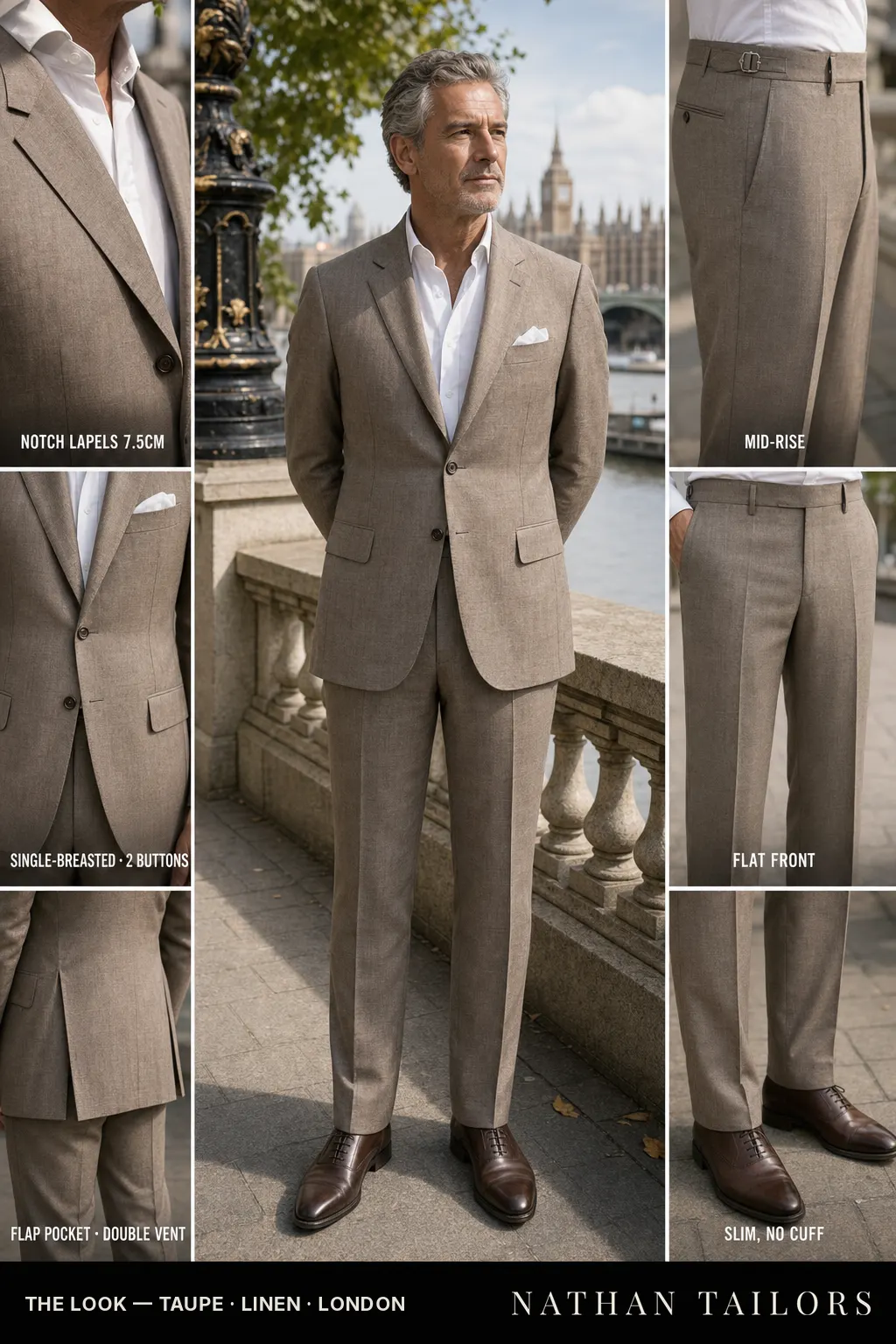 taupe single-breasted notch-lapel bespoke suit — AI-rendered by Nathan Tailors, the Hoi An custom tailor. Available as a custom tailored suit from $149.