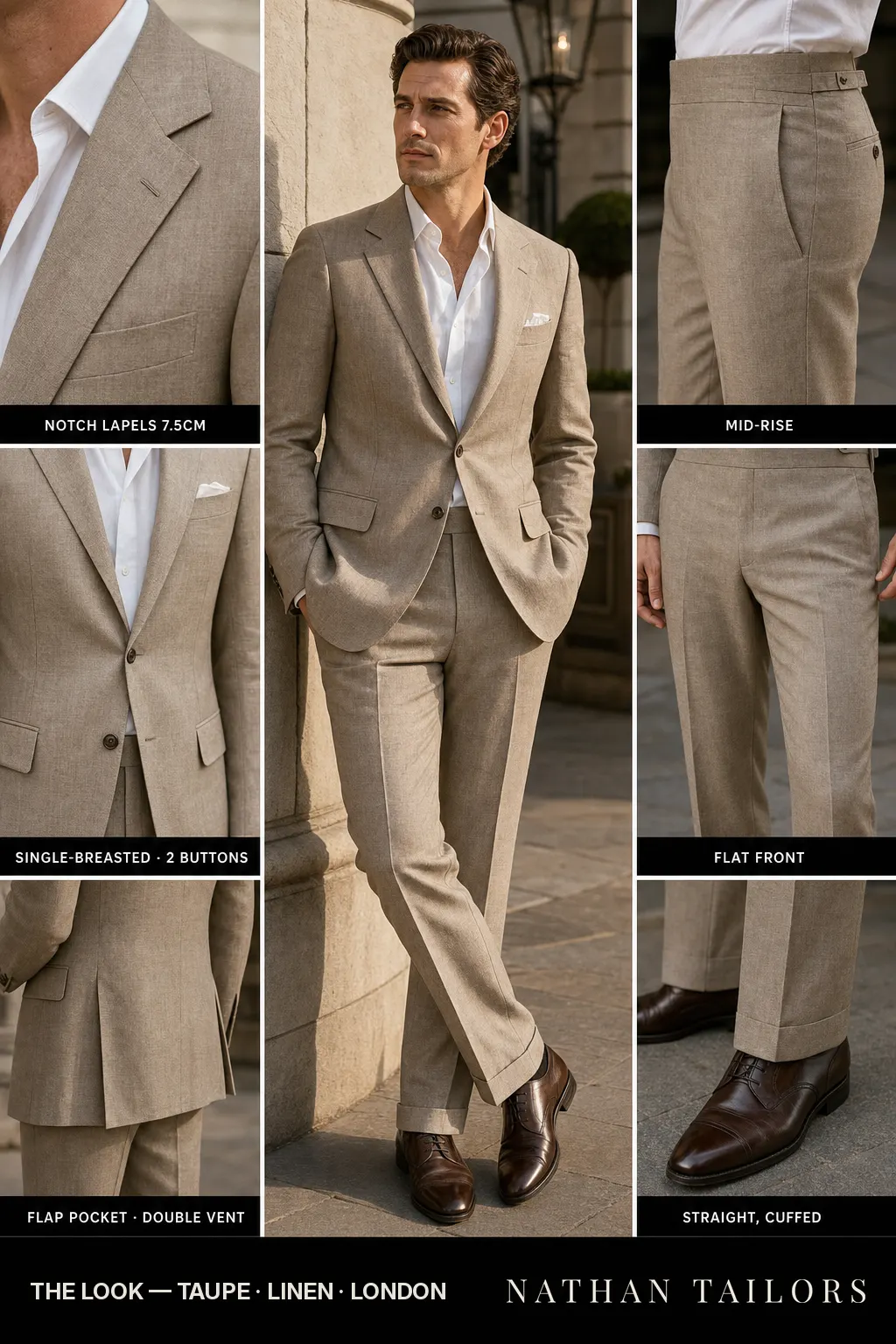 taupe single-breasted notch-lapel bespoke suit — AI-rendered by Nathan Tailors, the Hoi An custom tailor. Available as a custom tailored suit from $149.