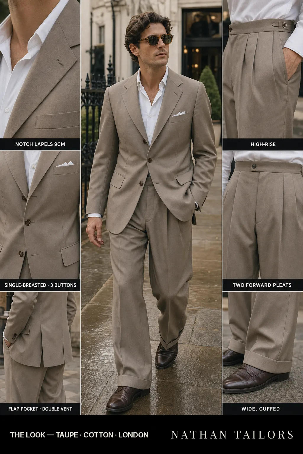 taupe single-breasted notch-lapel bespoke suit — AI-rendered by Nathan Tailors, the Hoi An custom tailor. Available as a custom tailored suit from $149.